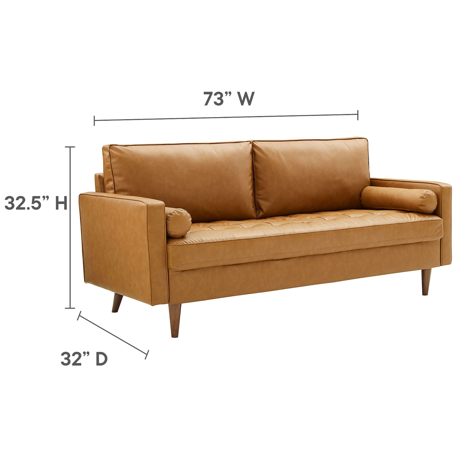 Tan vegan leather sofa showing compact footprint with measurements called out on all sides || EEI-3765-TAN || dimension_studio