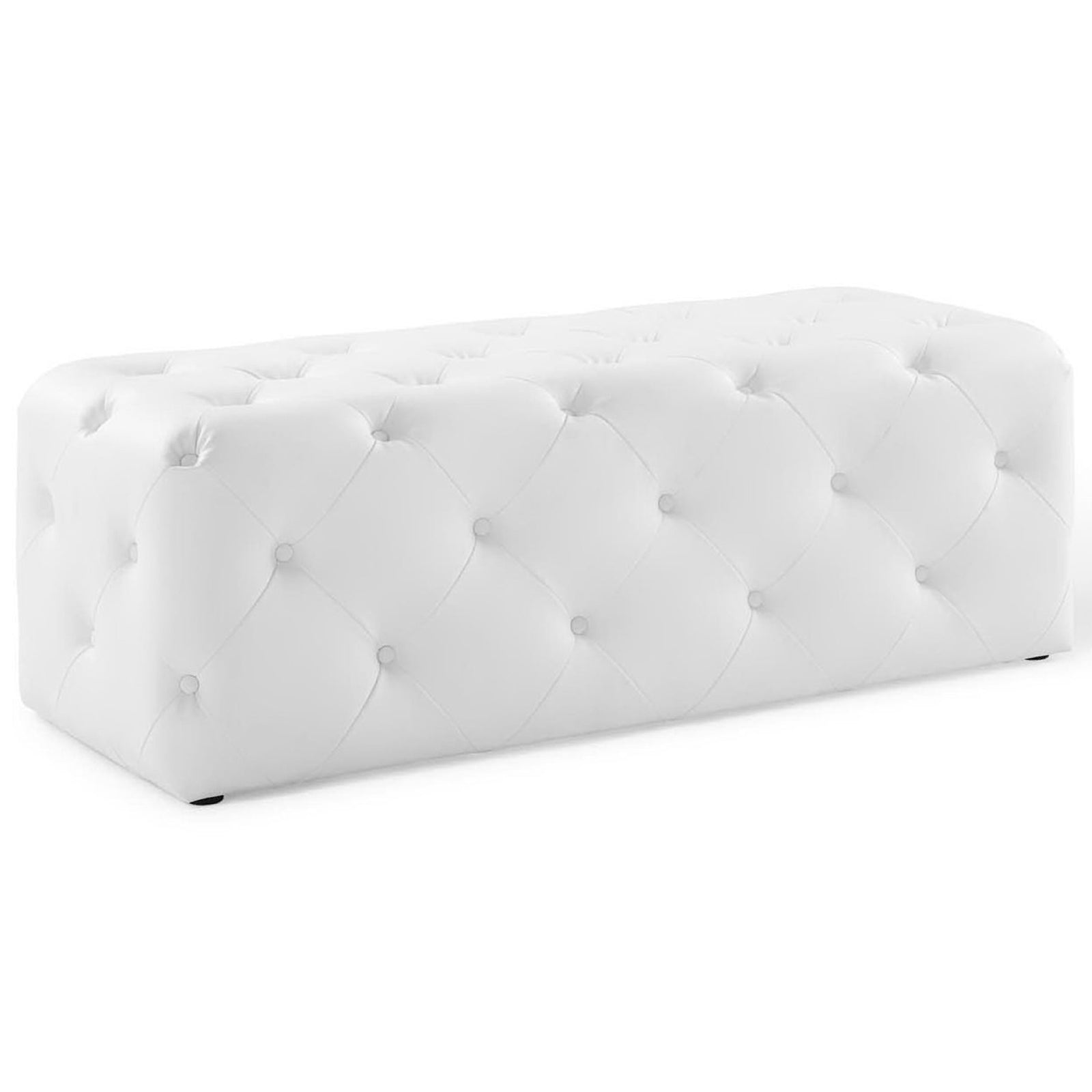Plush rectangular bench wrapped in smooth white faux leather with deep, tailored button tufting || EEI-3767-WHI || front_angle_studio