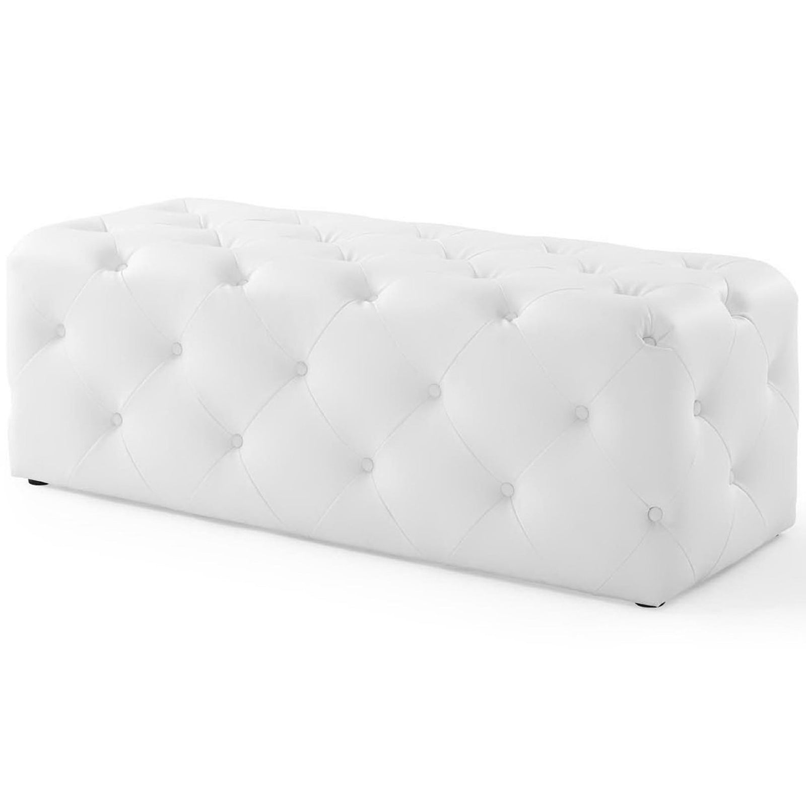 Contemporary upholstered bench featuring crisp diamond tufting and softly rounded corners || EEI-3767-WHI || front_angle_studio