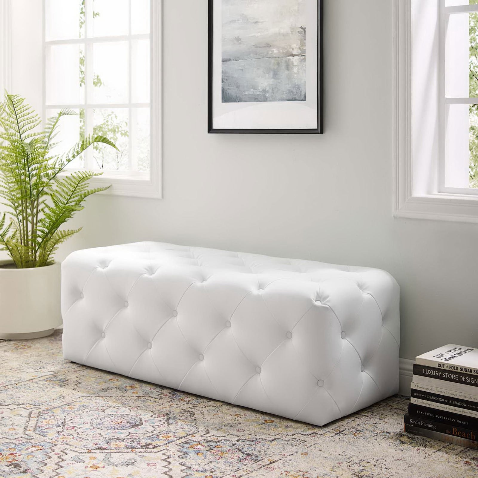 Elegant tufted bench adds luxe texture and a smooth, seamless look from every angle || EEI-3767-WHI || front_angle_room