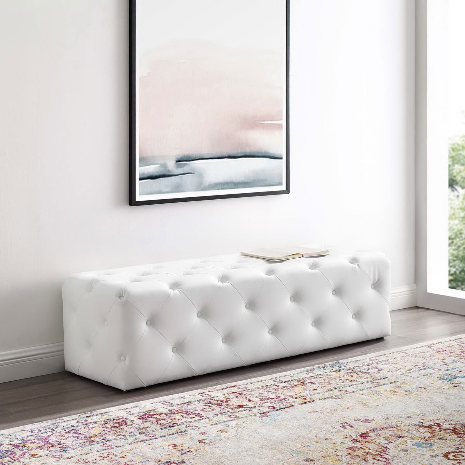 Refined white bench brings airy elegance with its continuous tufted cushioning || EEI-3769-WHI || front_angle_room