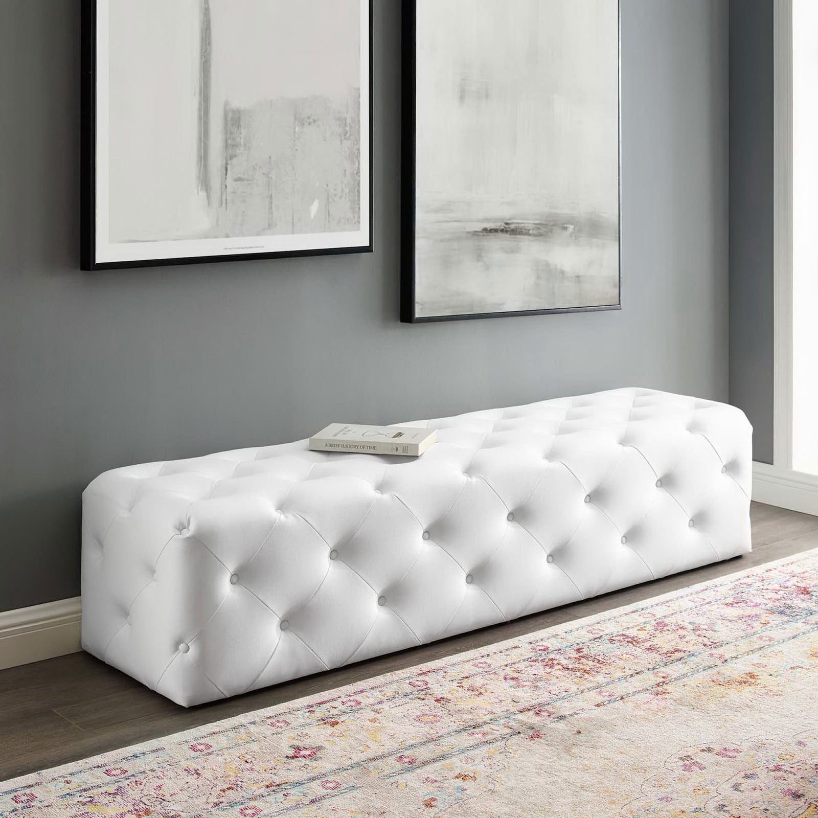 Long tufted bench anchors seating with its sleek, low profile and luxe texture || EEI-3771-WHI || front_angle_room