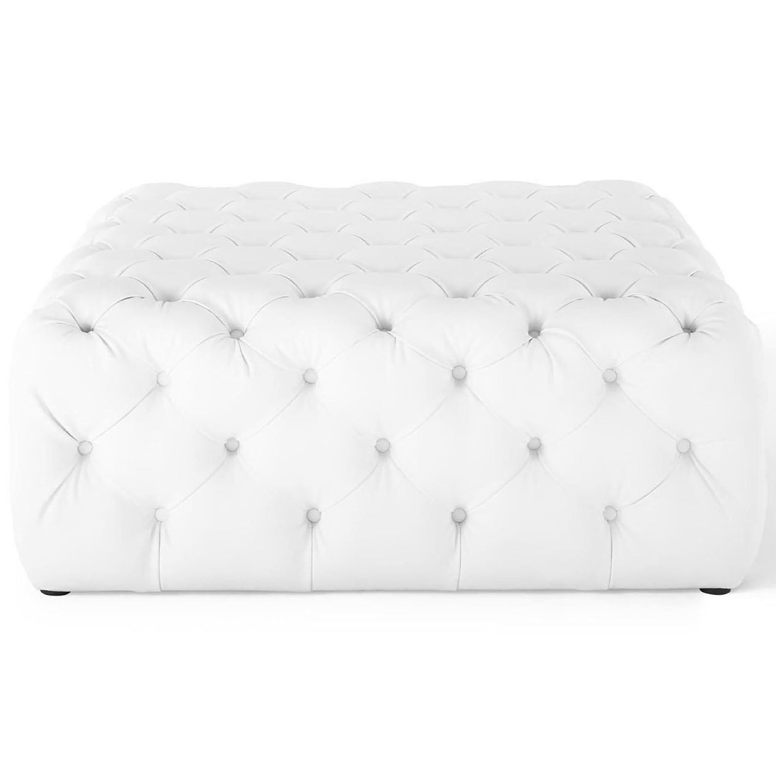 White tufted square ottoman featuring allover buttoned faux leather upholstery || EEI-3773-WHI || front_studio