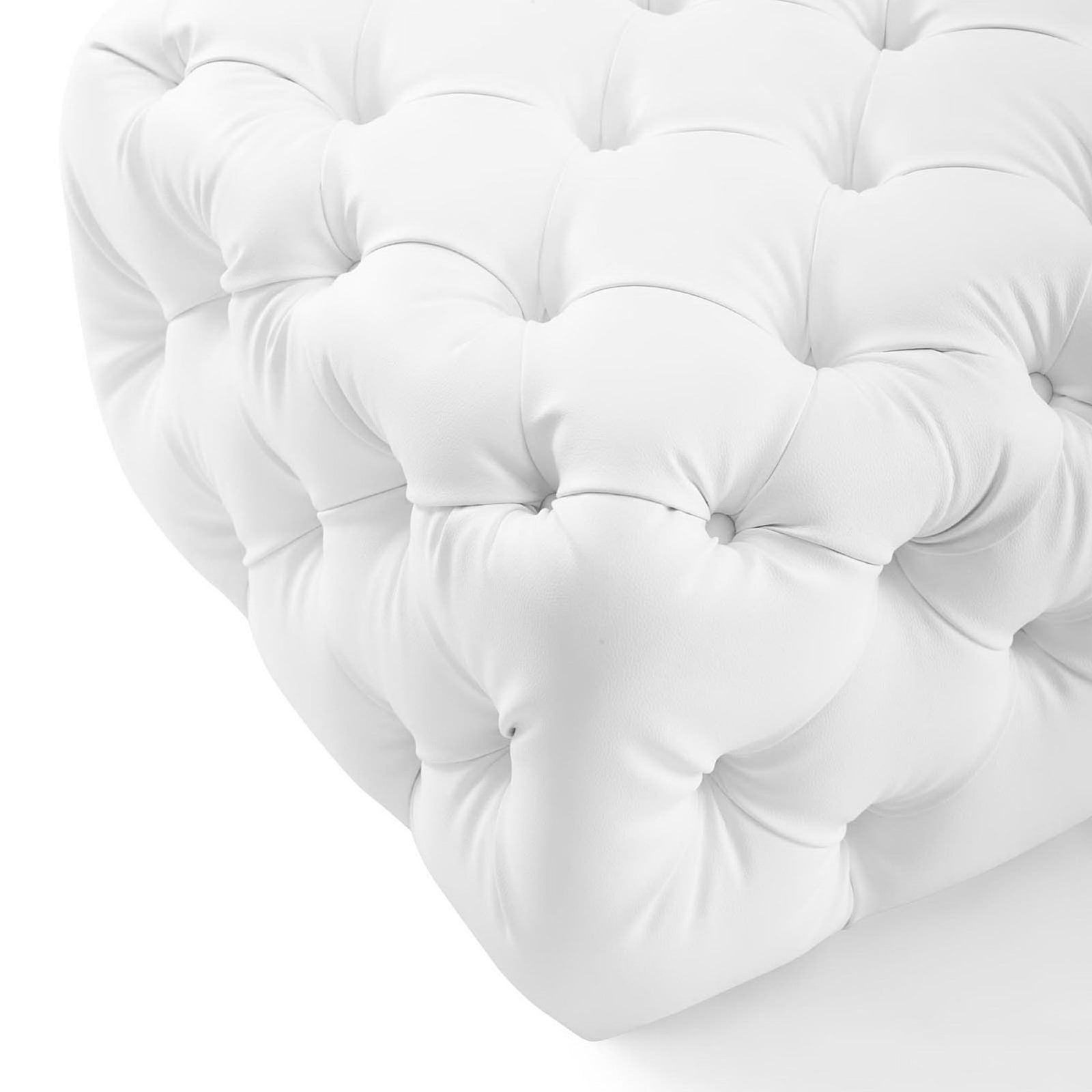 Ottoman corner shows smooth white faux leather with pronounced button tufting and gentle rounded seams || EEI-3775-WHI || detail_studio