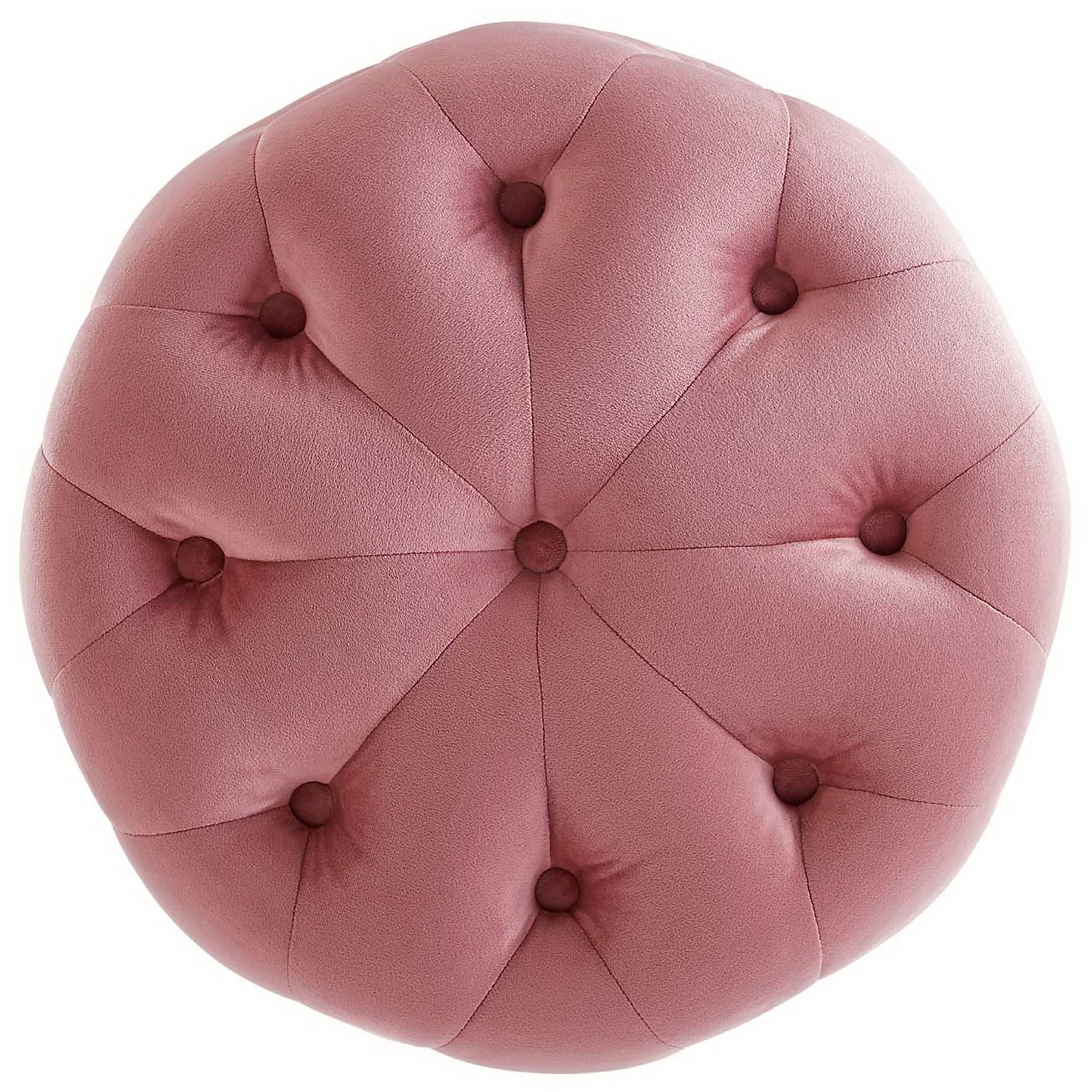 Plush tufted top of the round dusty rose ottoman features a chic button pattern radiating from the center. || EEI-3778-DUS || top_studio