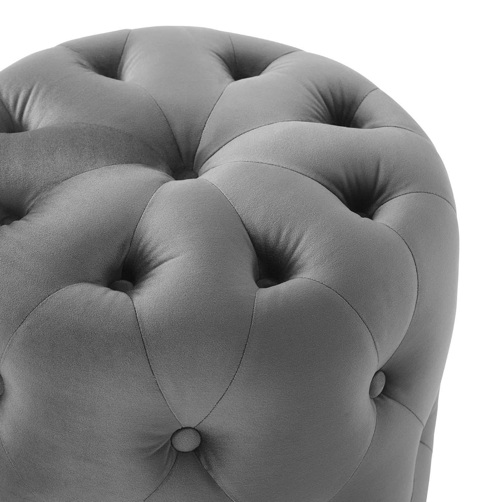 Luxurious gray velvet upholstery with soft padding and refined button tufting on the ottoman surface || EEI-3778-GRY || detail_studio