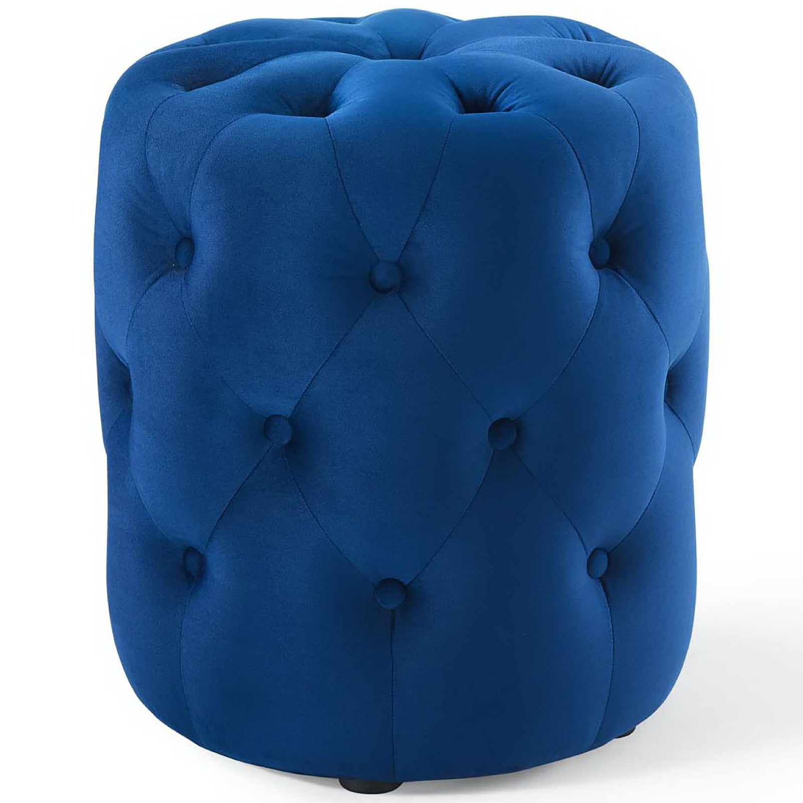Plush navy velvet ottoman with deep diamond tufting and softly rounded drum silhouette || EEI-3778-NAV || front_studio