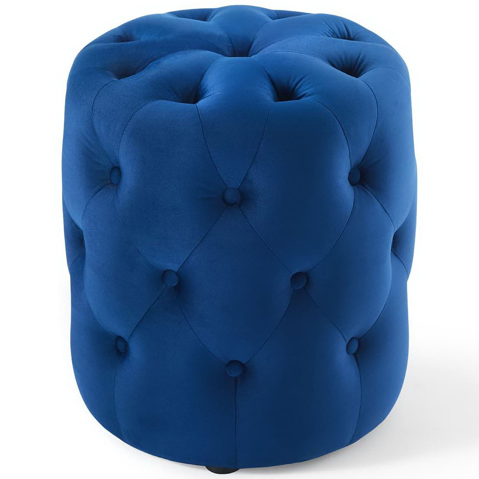 Navy performance velvet ottoman showcasing its tailored button tufting and smooth curved sides || EEI-3778-NAV || front_angle_studio