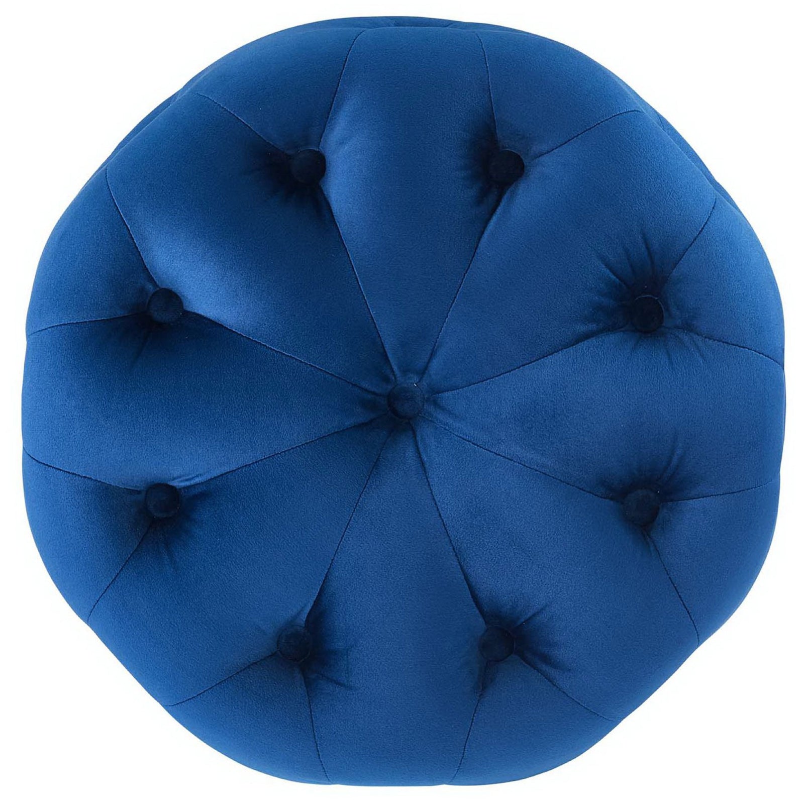 Circular navy ottoman with radiating tufted buttons forming a starburst pattern on the seat || EEI-3778-NAV || top_studio