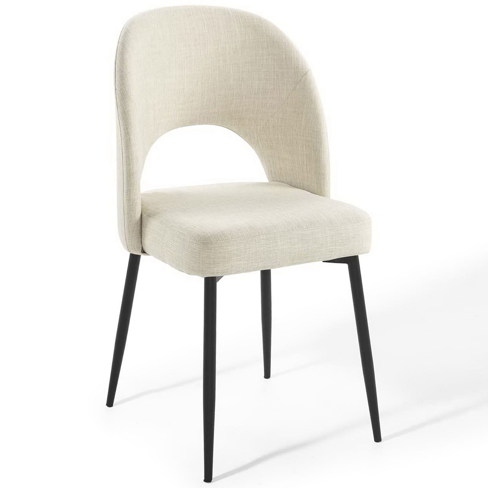 Upholstered side chair with plush beige seat, arched backrest, and splayed black metal legs || EEI-3801-BLK-BEI || front_angle_studio