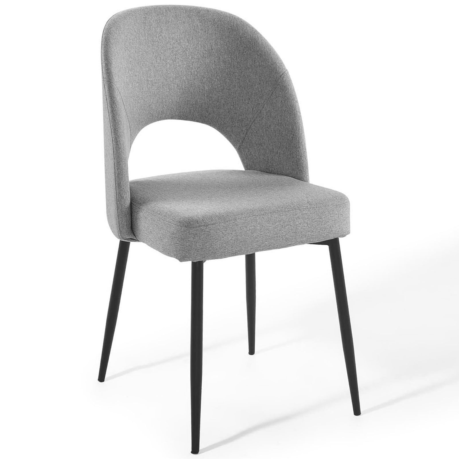 Gray upholstered dining chair with curved cutout back and slim black legs for modern dining spaces. || EEI-3801-BLK-LGR || front_angle_studio