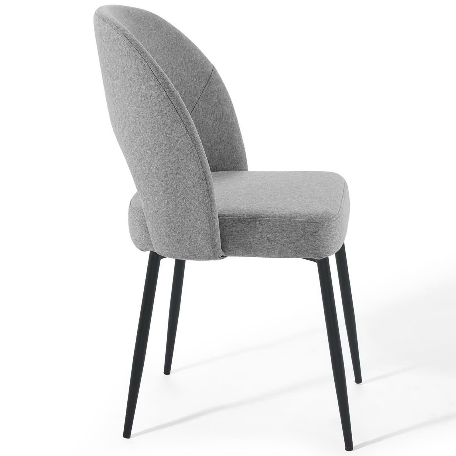 Gray upholstered dining chair with gently arched back, plush seat cushion, and tapered black legs. || EEI-3801-BLK-LGR || side_studio