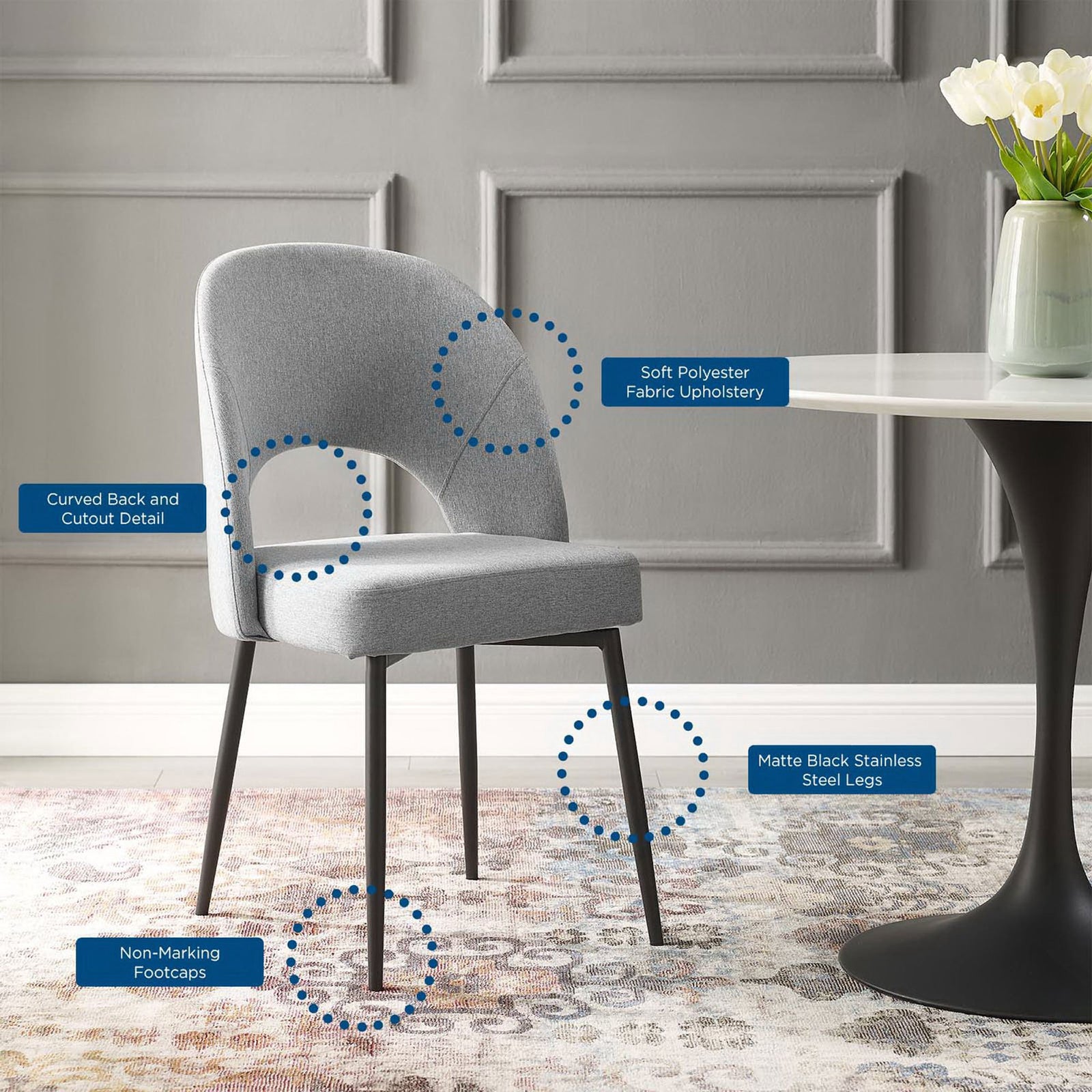 Gray upholstered dining chair in a modern room with graphic callouts highlighting soft fabric and matte black legs. || EEI-3801-BLK-LGR || callout_room