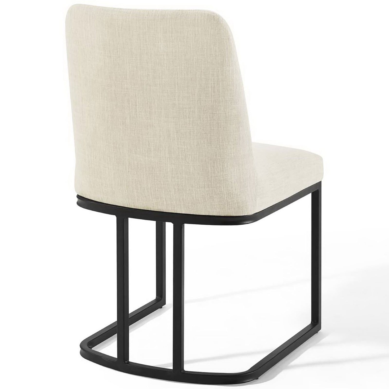 Beige upholstered dining chair with gently tapered back and continuous black metal frame || EEI-3811-BLK-BEI || back_angle_studio