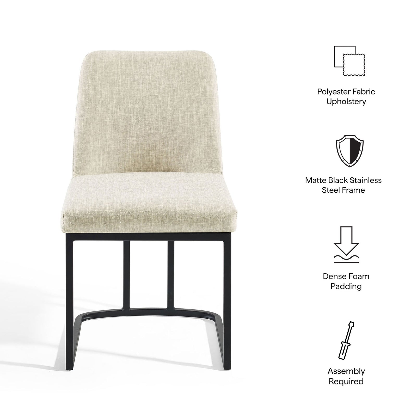 Feature graphic highlighting polyester fabric, black stainless steel frame, dense padding, and assembly || EEI-3811-BLK-BEI || callout_studio