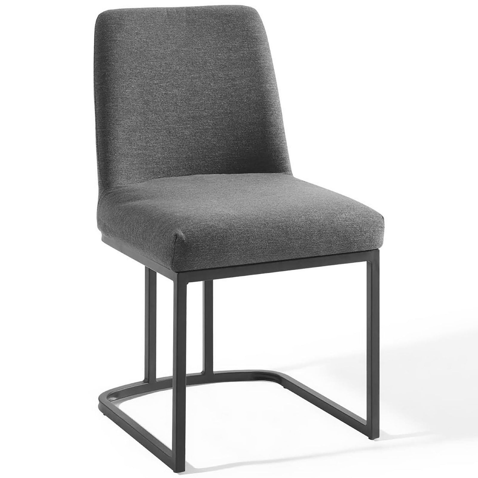Charcoal upholstered dining chair with modern black sled base and gently contoured backrest || EEI-3811-BLK-CHA || front_angle_studio