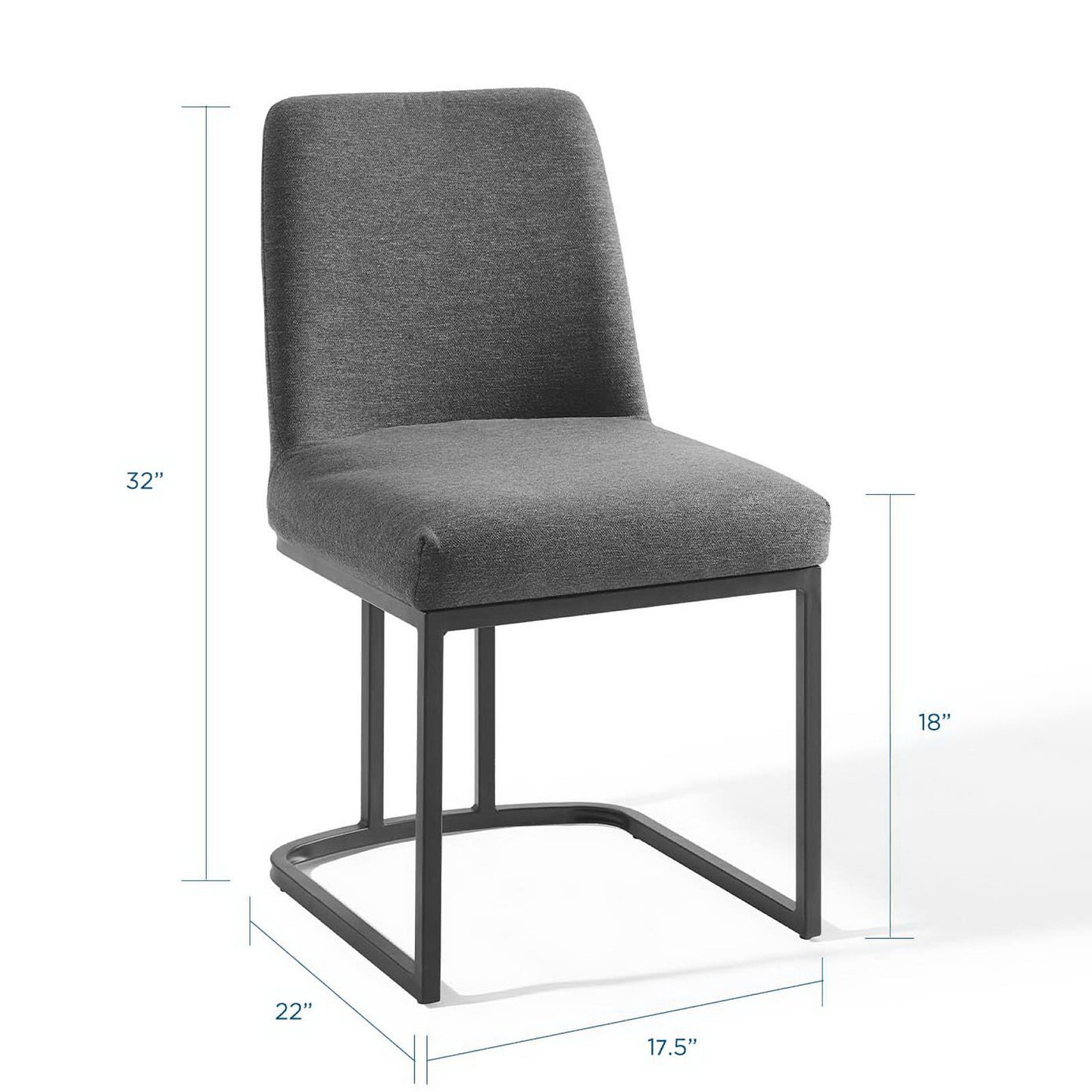 Charcoal fabric sled base dining chair with clearly marked height, width, and depth dimensions || EEI-3811-BLK-CHA || dimension_studio