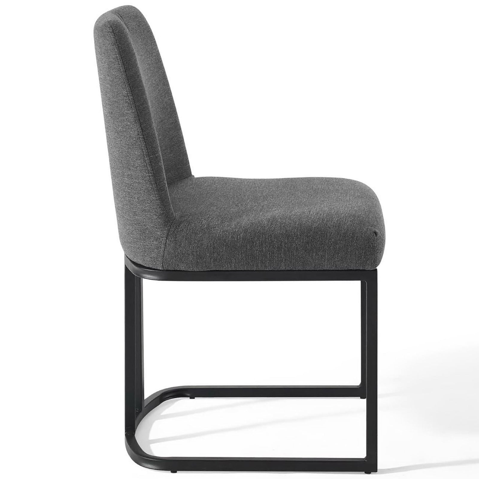 Slim charcoal upholstered dining chair emphasizing thick seat cushion and sleek frame || EEI-3811-BLK-CHA || side_studio