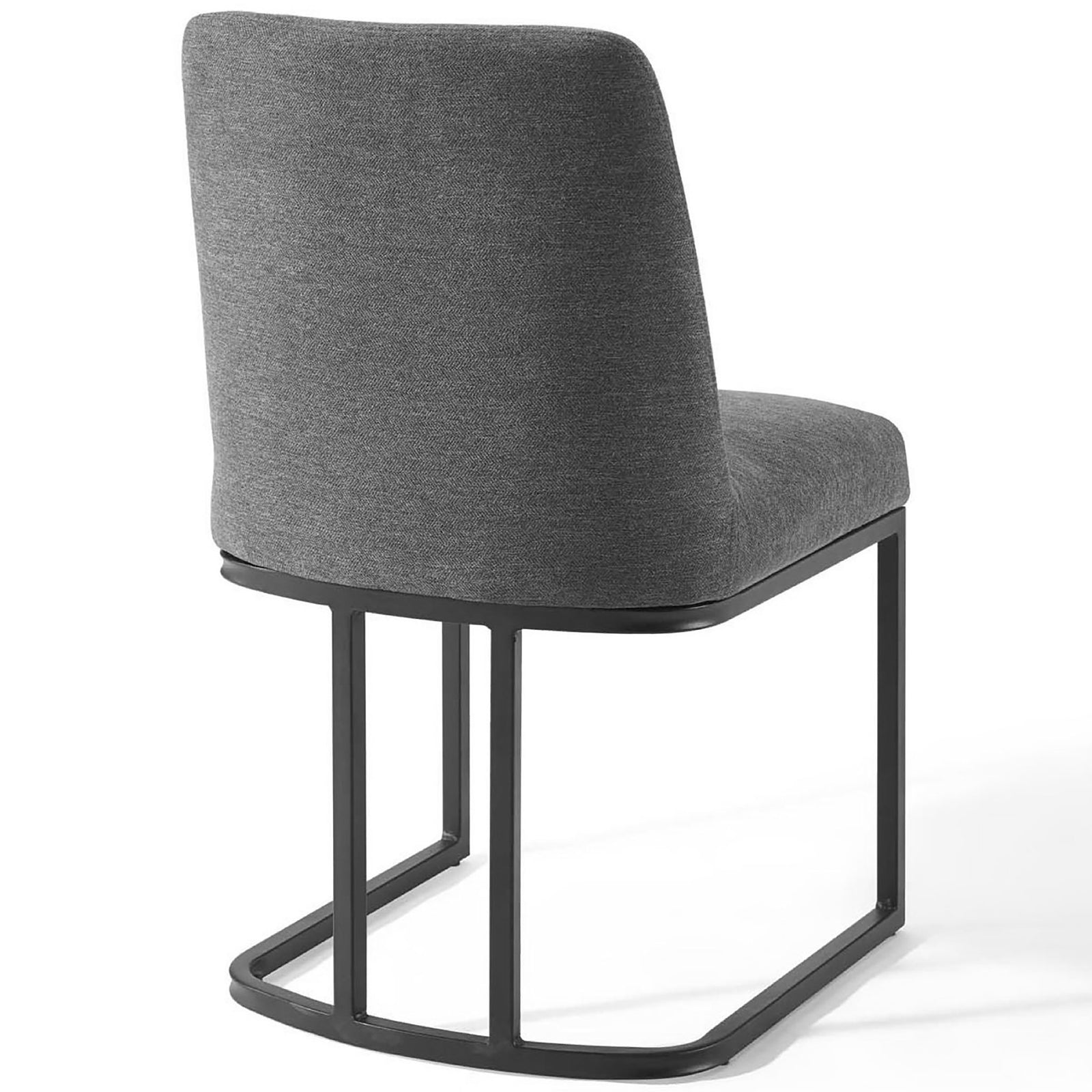 Charcoal dining chair with wraparound upholstered back and open black sled base support || EEI-3811-BLK-CHA || back_angle_studio