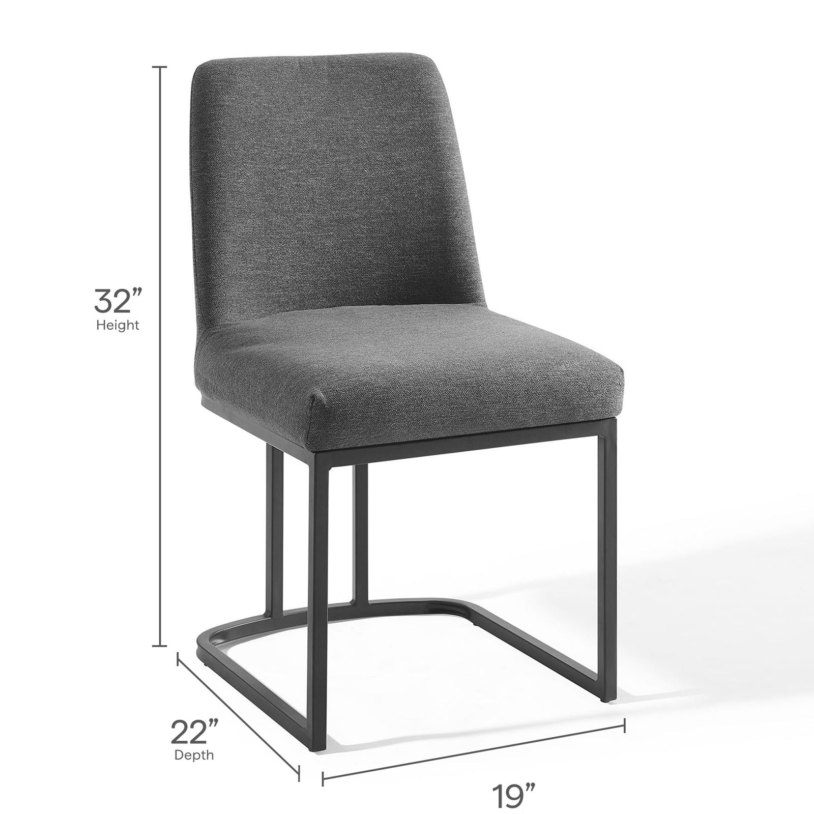 Charcoal dining chair with sled base and labeled seat height, width, and depth measurements || EEI-3811-BLK-CHA || dimension_studio