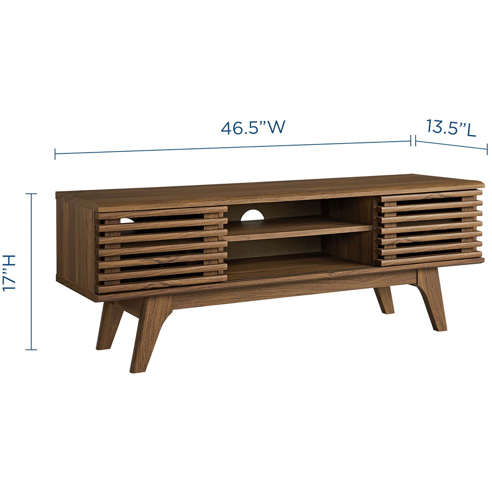 Measurements of the walnut media console showing 46.5 inch width and slim depth. || EEI-3837-WAL || dimension_studio