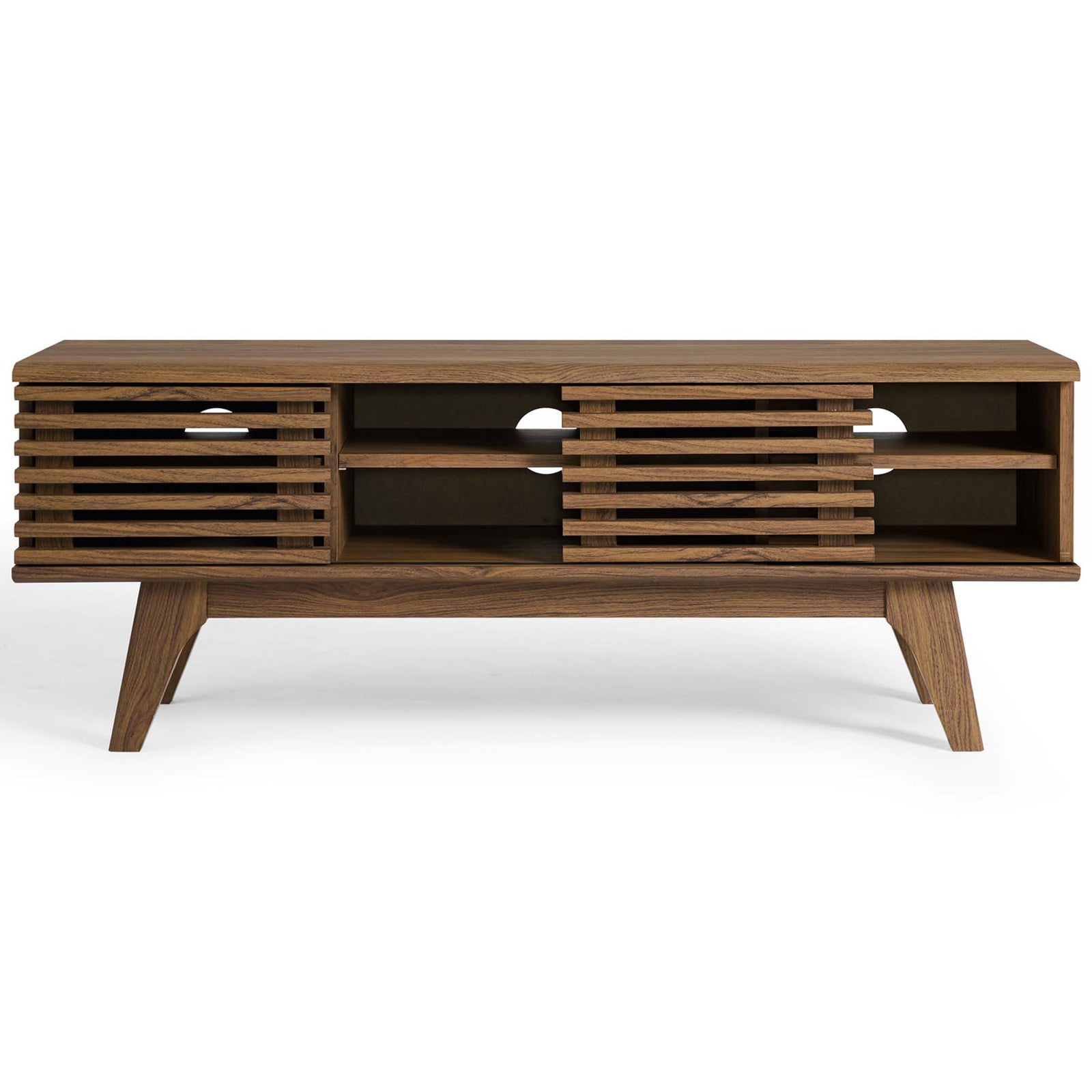Walnut TV stand with sliding doors opened to reveal adjustable storage shelves. || EEI-3837-WAL || front_open_studio