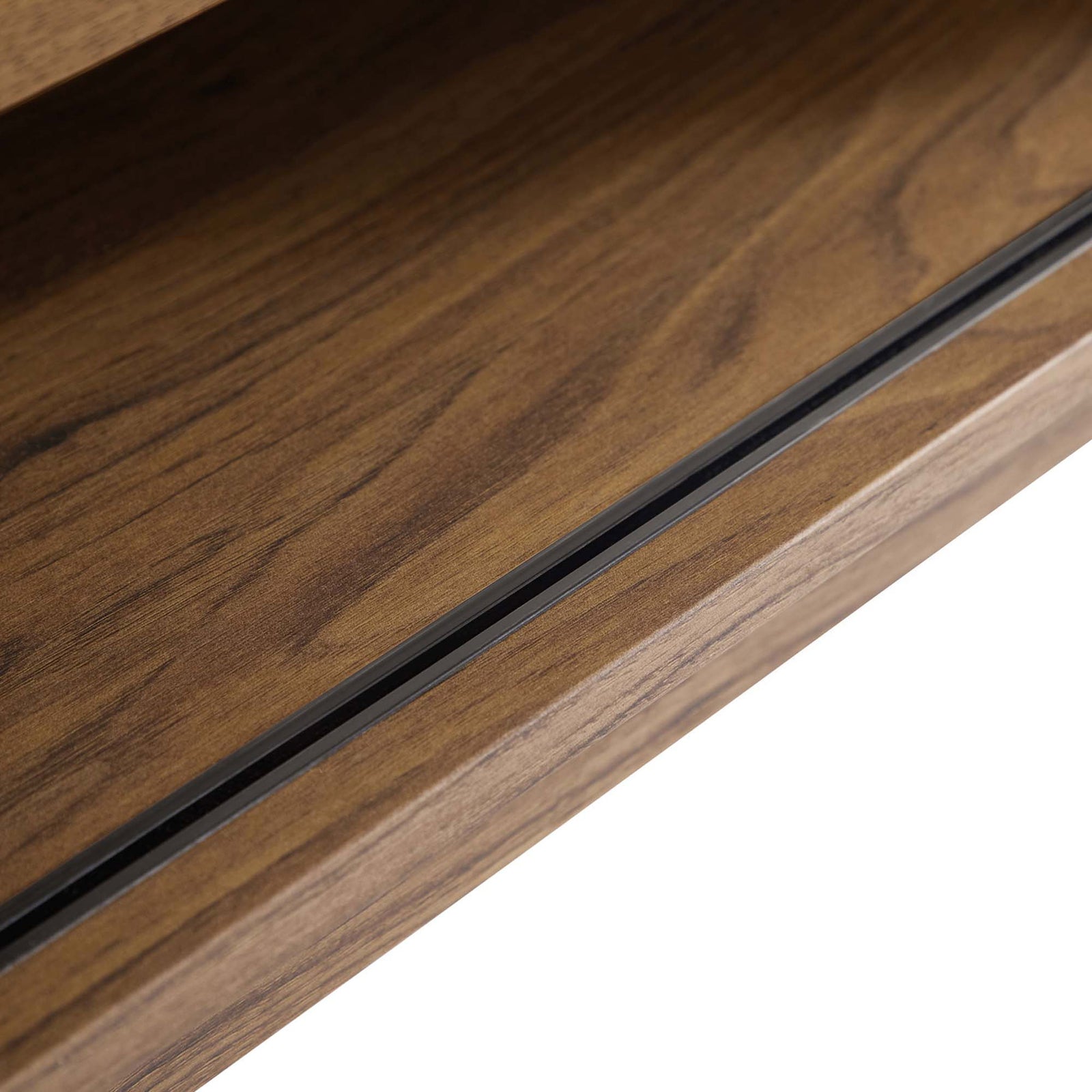 Close-up of the walnut wood grain laminate and channel detail on the base. || EEI-3837-WAL || swatch_studio