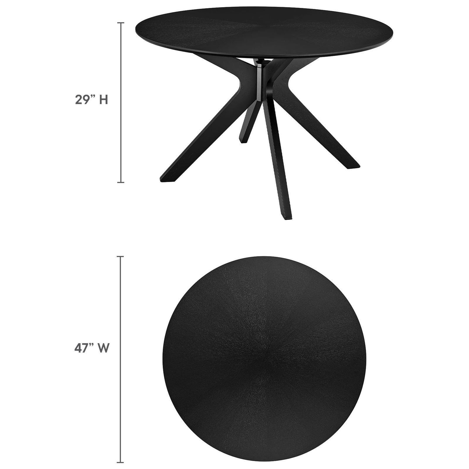 Dimension graphic displaying the height and diameter of the black round dining table || EEI-3847-BLK || dimension_studio