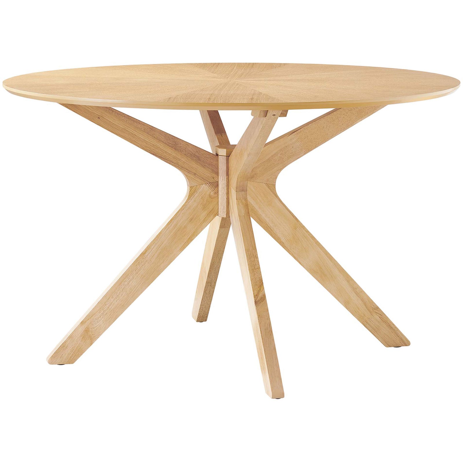 Round oak dining table with sculptural intersecting legs for a modern organic look || EEI-3847-OAK || front_angle_studio