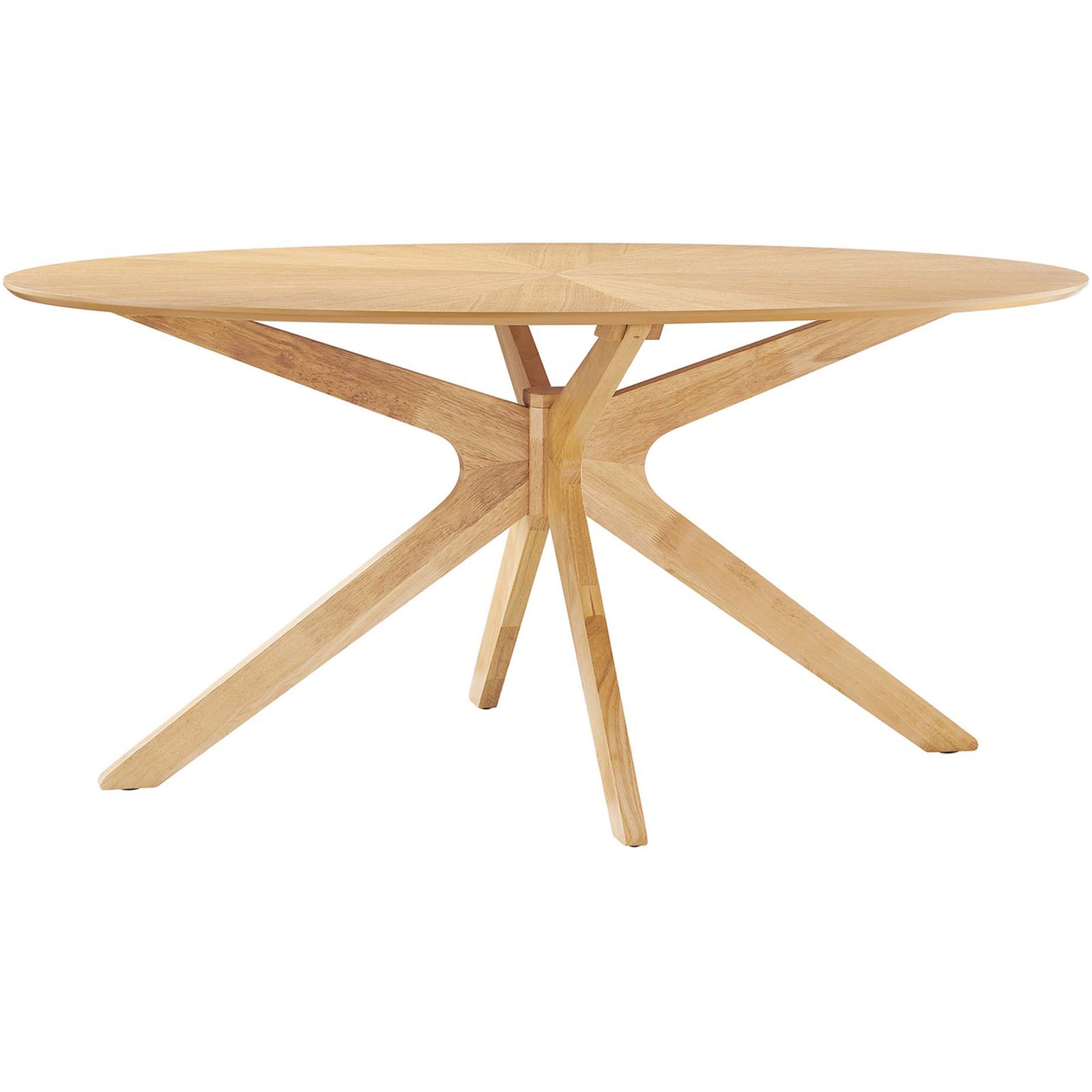 Sleek 63-inch oak oval dining table showcasing the airy intersecting base and slender wooden legs. || EEI-3848-OAK || front_angle_studio