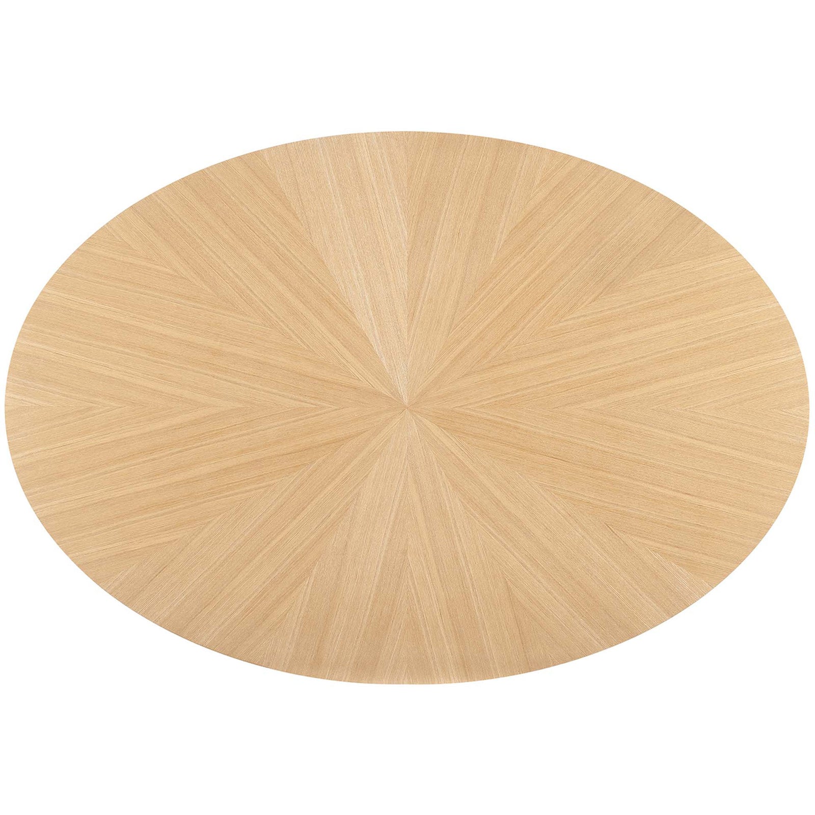 Starburst-pattern oak veneer tabletop on the 63-inch oval dining table creates a striking focal point. || EEI-3848-OAK || top_studio