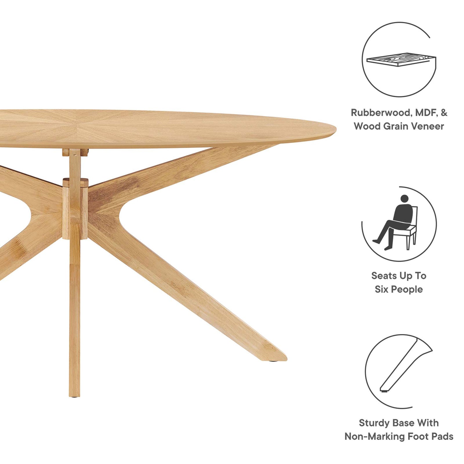 Materials, seating for six, and protective foot pads emphasize the durability of this 63-inch oak dining table. || EEI-3848-OAK || callout_studio