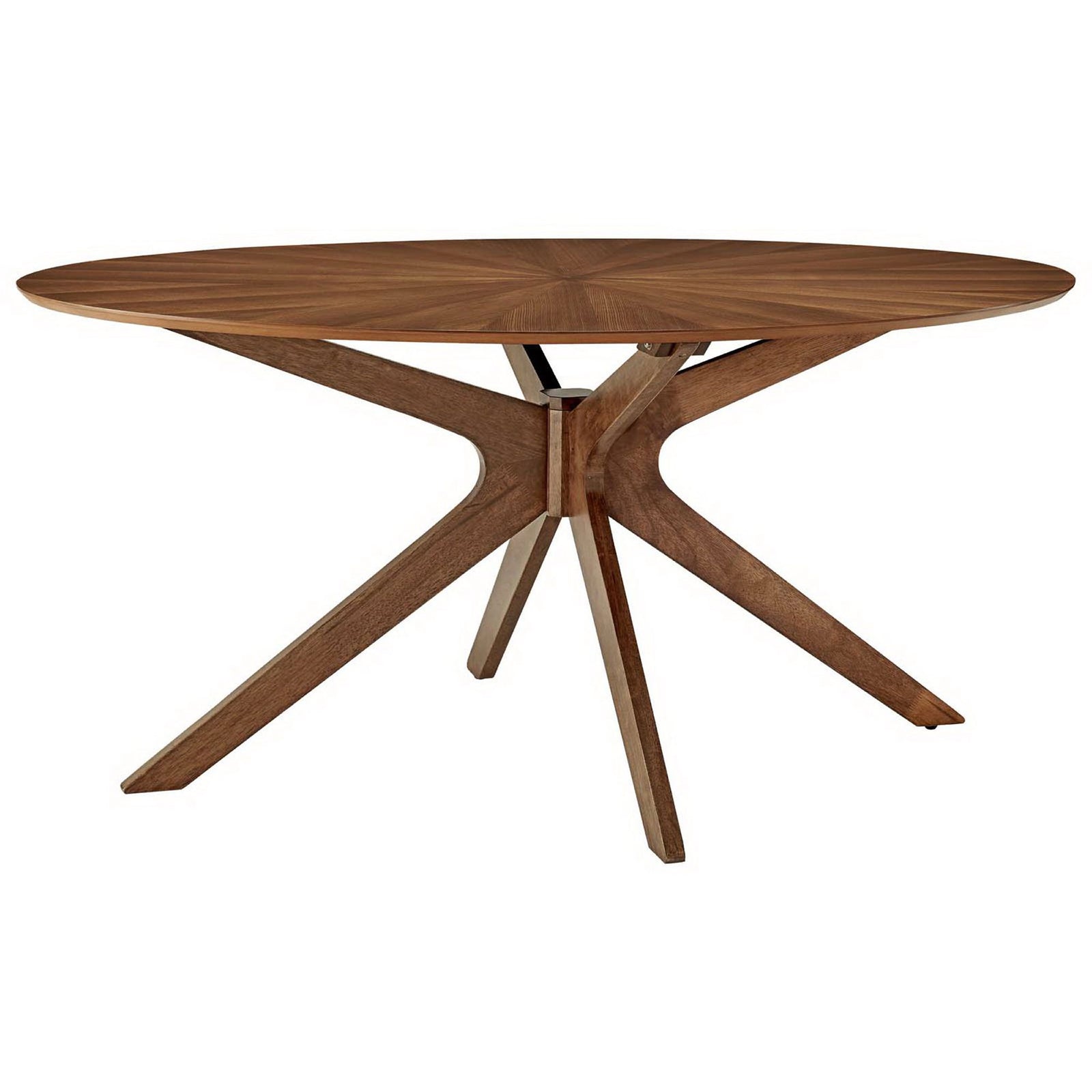 Mid century walnut oval dining table with intersecting pedestal base and tapered legs || EEI-3848-WAL || front_angle_studio