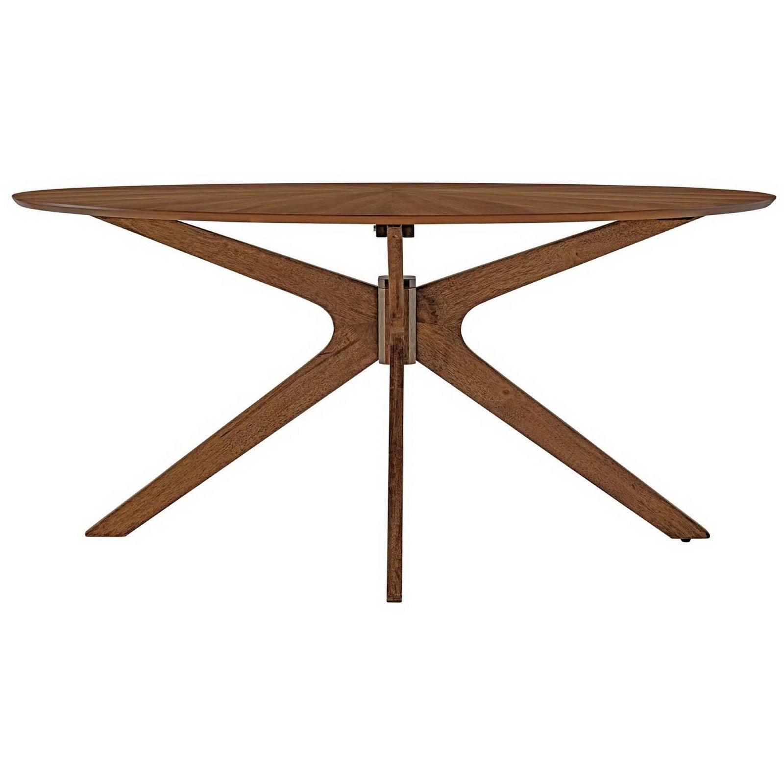 63 inch walnut oval dining table with starburst veneer top and sculptural intersecting pedestal base || EEI-3848-WAL || front_studio