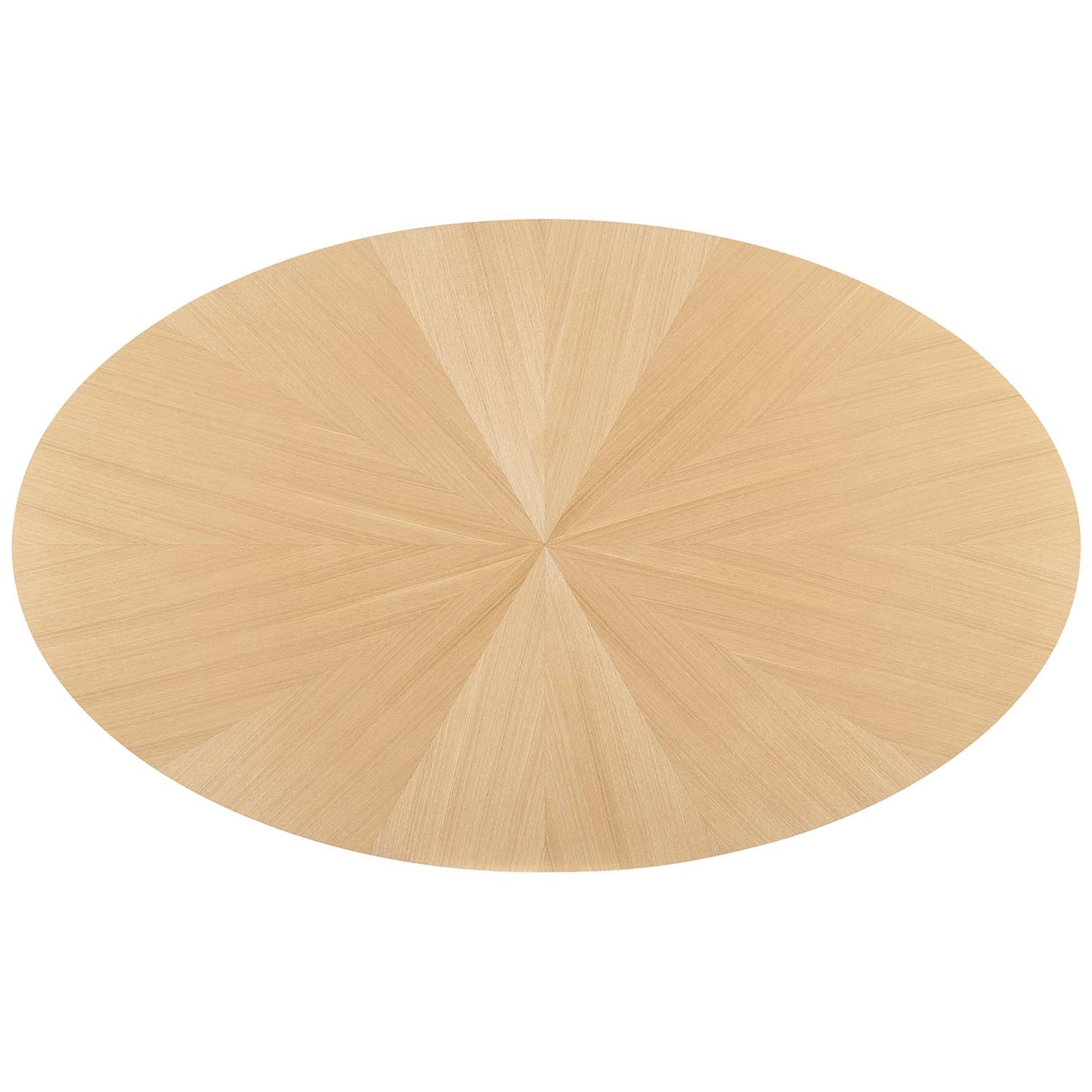 Expansive 71-inch oval tabletop with starburst oak veneer pattern for a bold yet natural dining look. || EEI-3849-OAK || top_studio