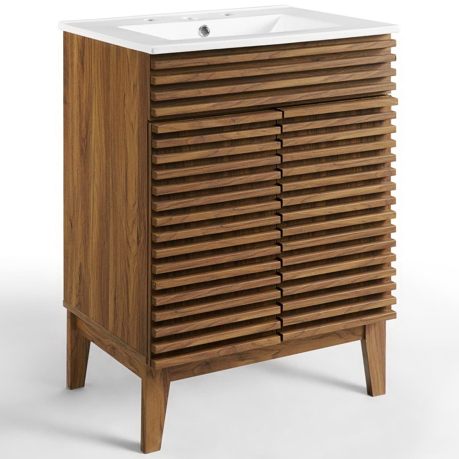 Walnut-grain vanity with ribbed doors and tapered legs, topped by an integrated white ceramic sink. || EEI-3860-WAL-WHI || front_angle_studio