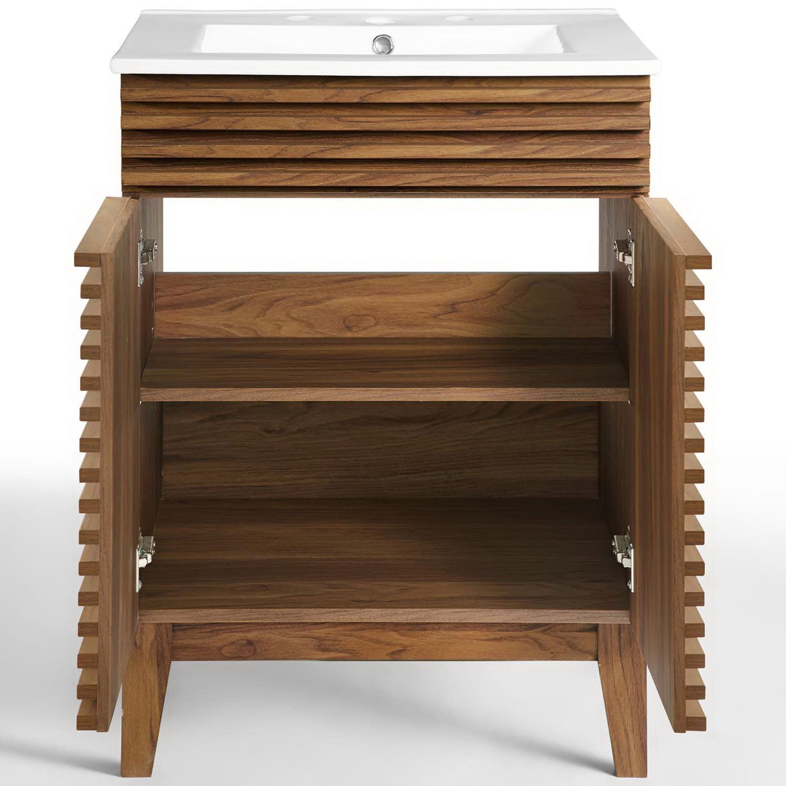 Dual soft-close doors open to reveal an adjustable shelf for neatly organized bath essentials. || EEI-3860-WAL-WHI || front_open_studio