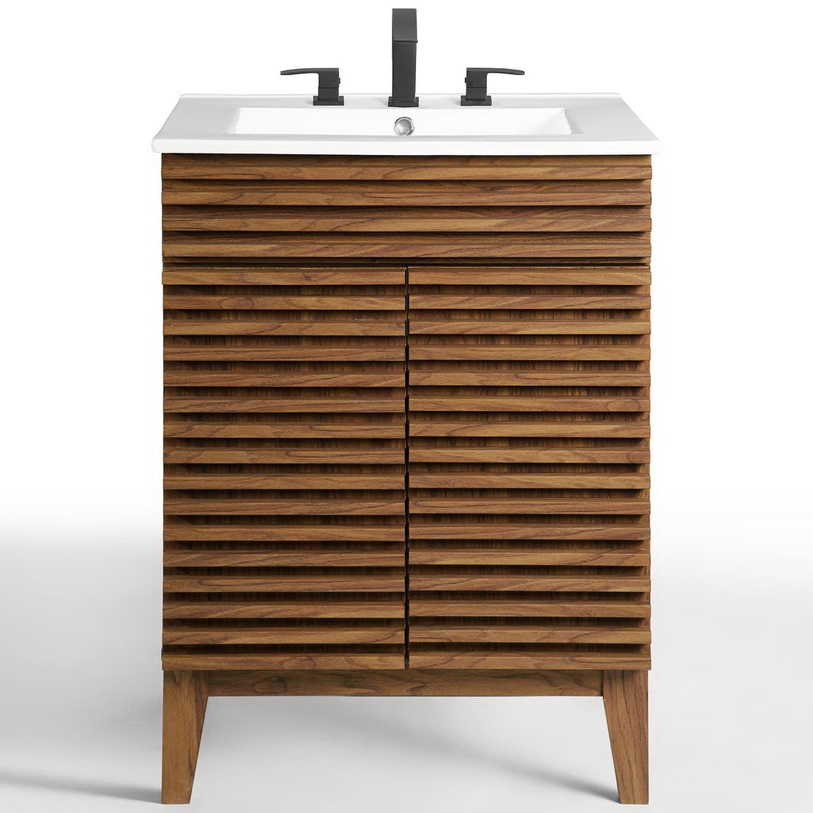 Modern vanity pairs its ribbed walnut front with a bright white top and 8-inch widespread compatibility. || EEI-3860-WAL-WHI || front_studio