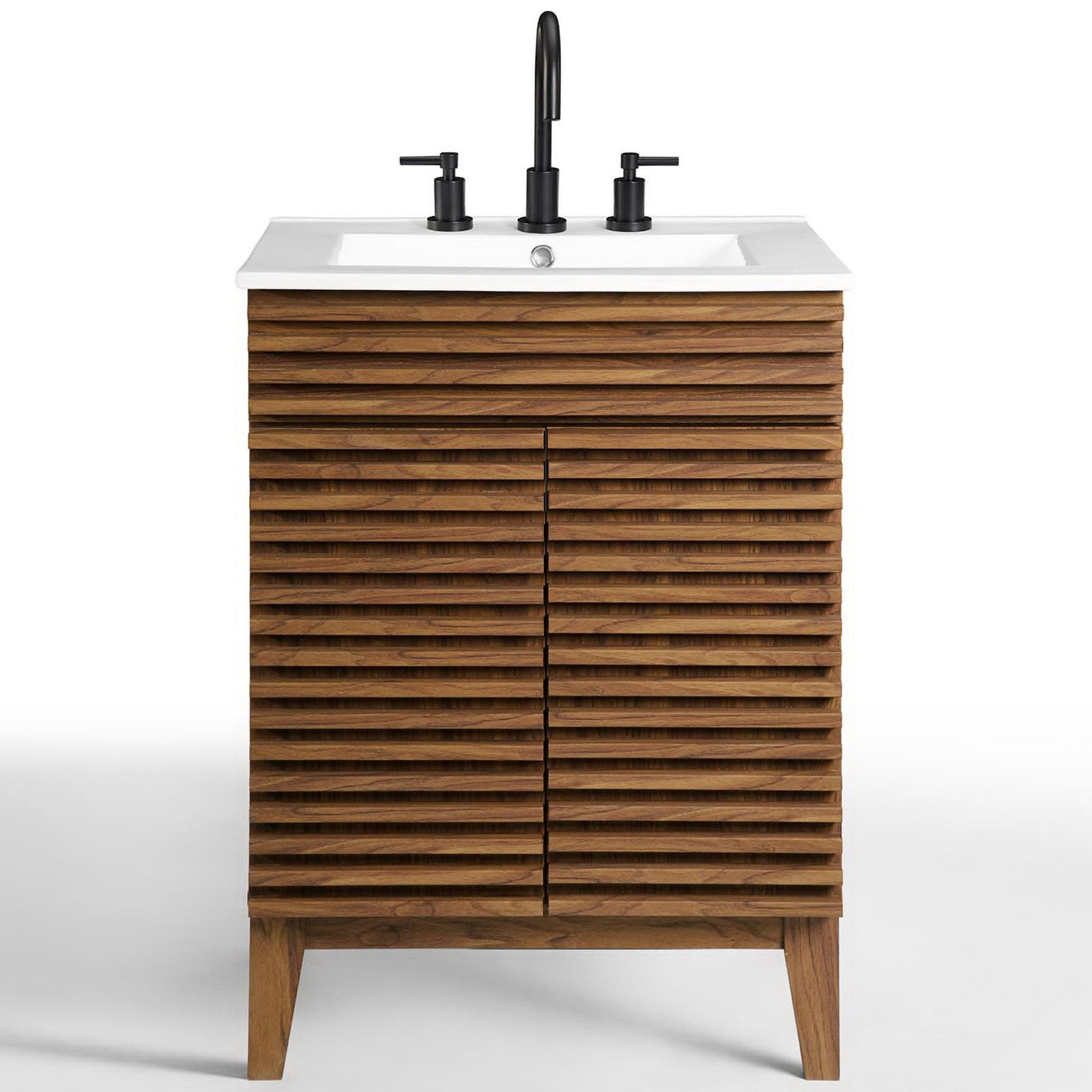 Textured slat doors and tapered legs balance the glossy basin for elevated mid-century charm. || EEI-3860-WAL-WHI || front_studio