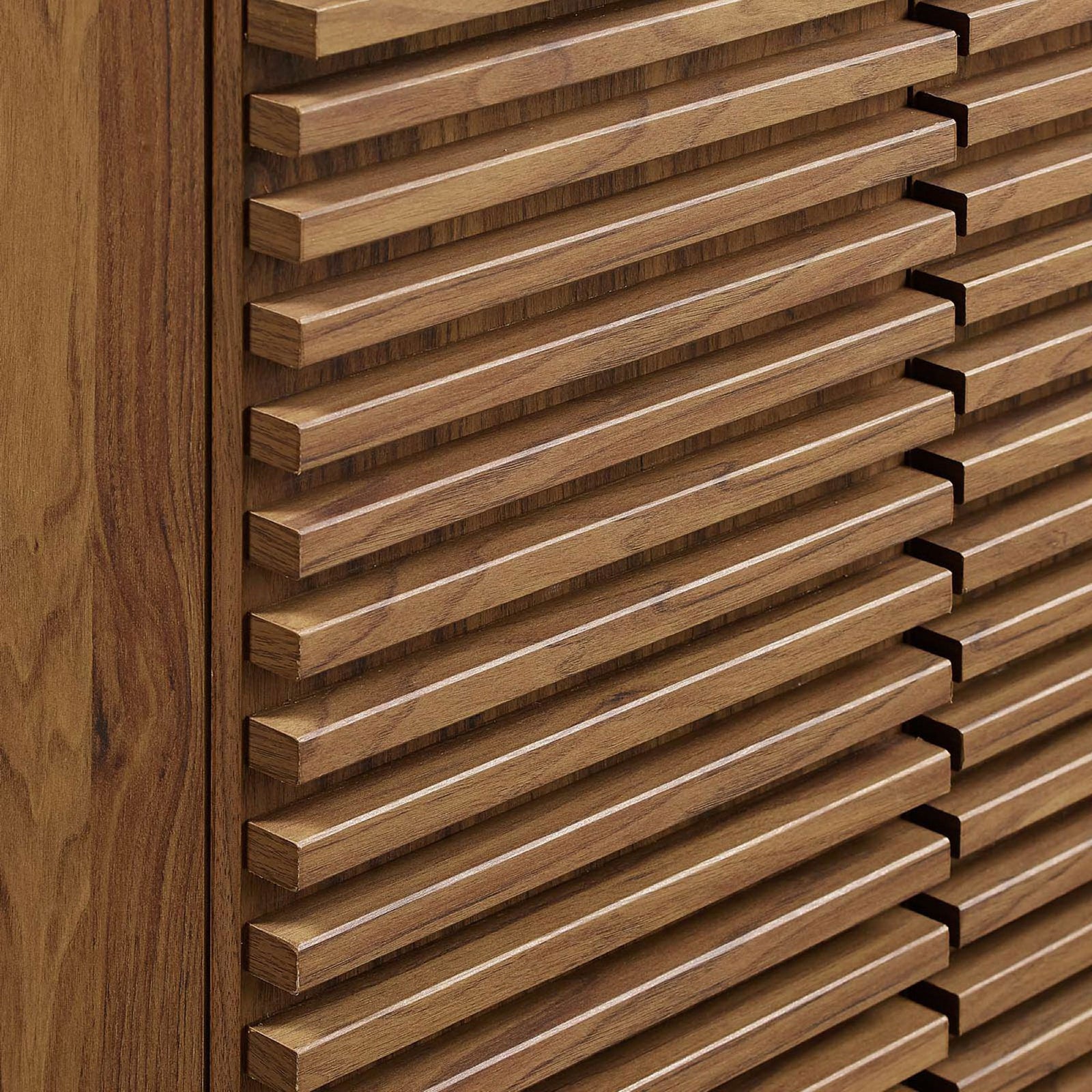 Dimensional slatted door design in rich walnut grain laminate. || EEI-3860-WAL-WHI || detail_studio