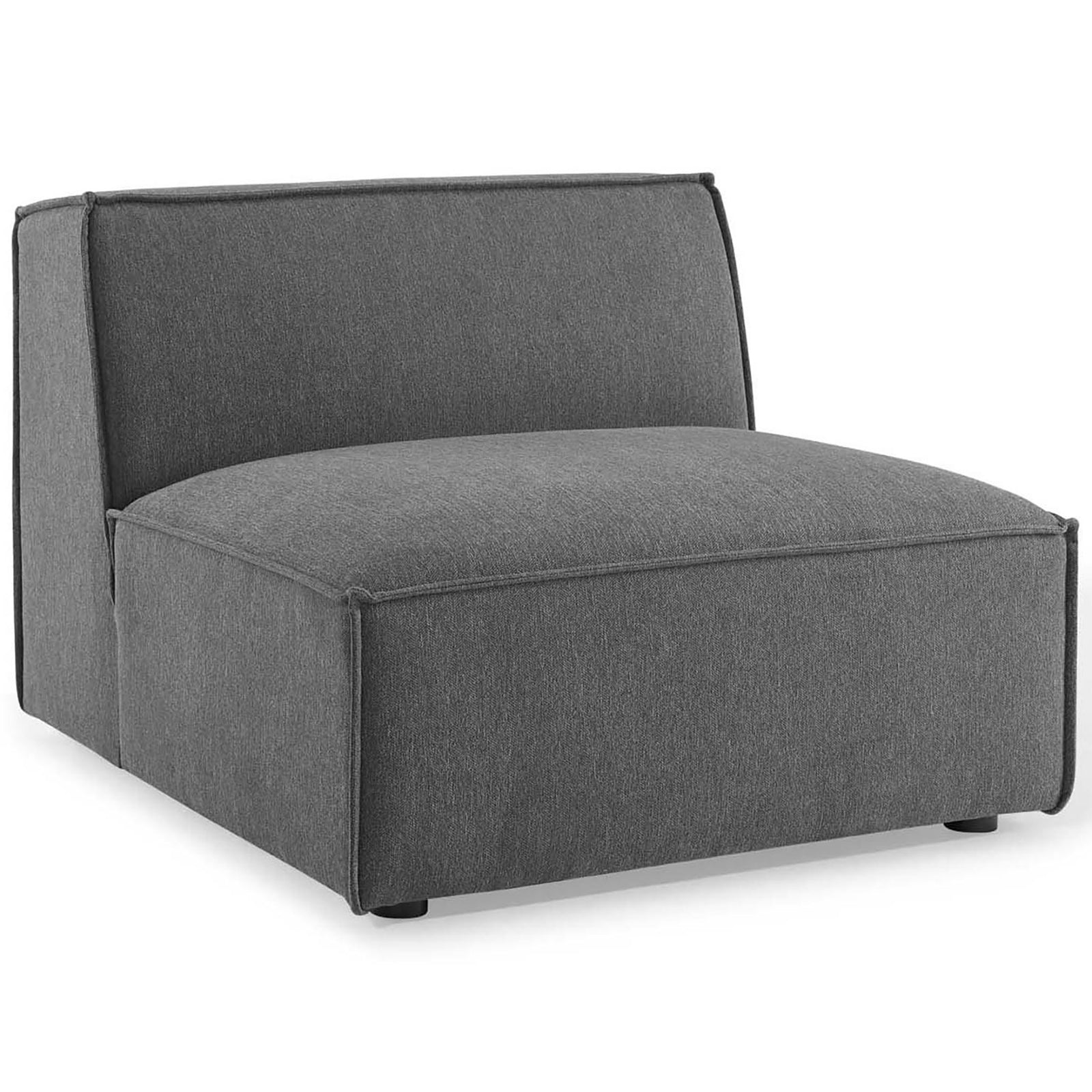 Plush charcoal armless chair with broad seat and refined French piping in polyester upholstery || EEI-3872-CHA || front_angle_studio