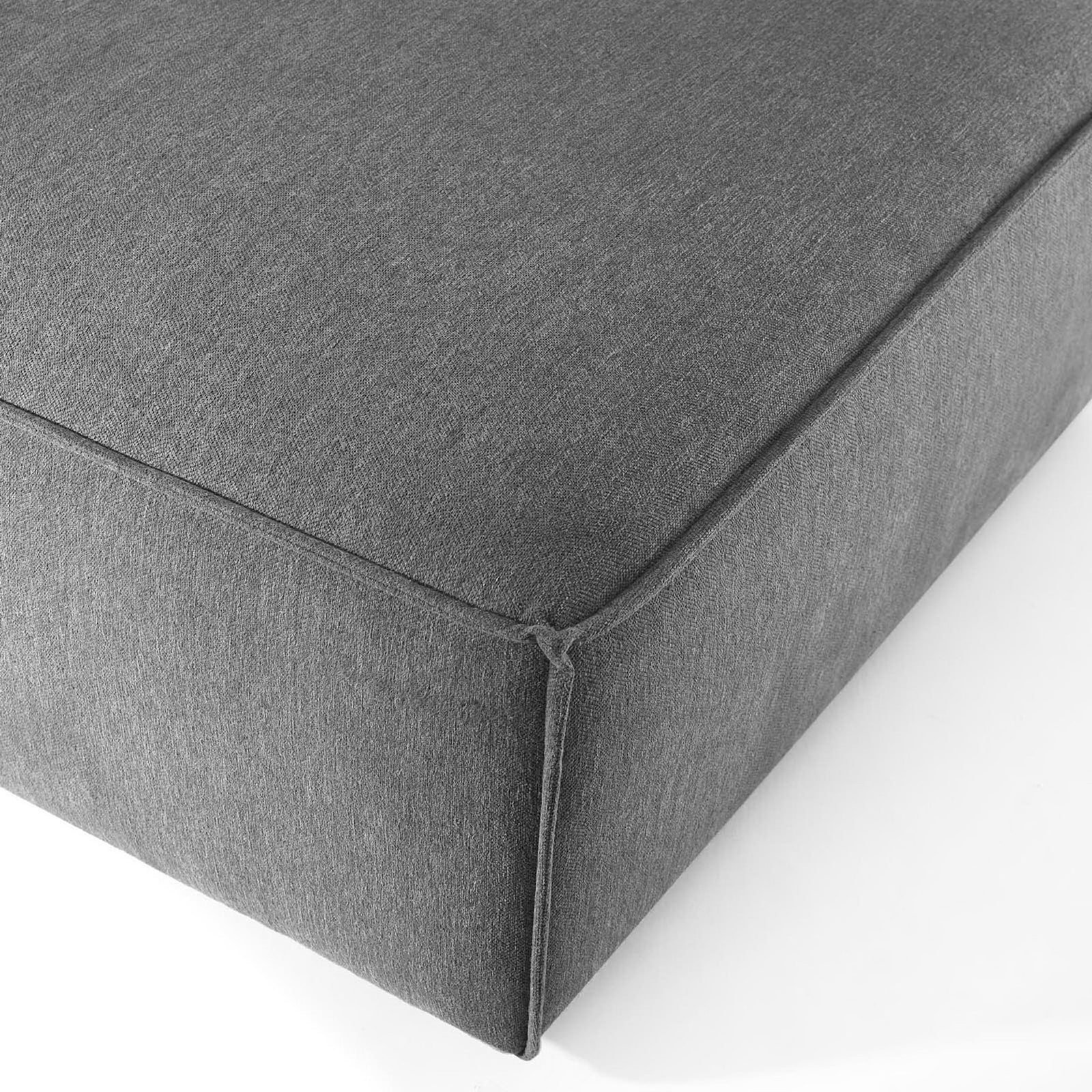 Charcoal fabric texture and French piped corner showcasing the ottoman's tailored modern craftsmanship || EEI-3873-CHA || detail_studio