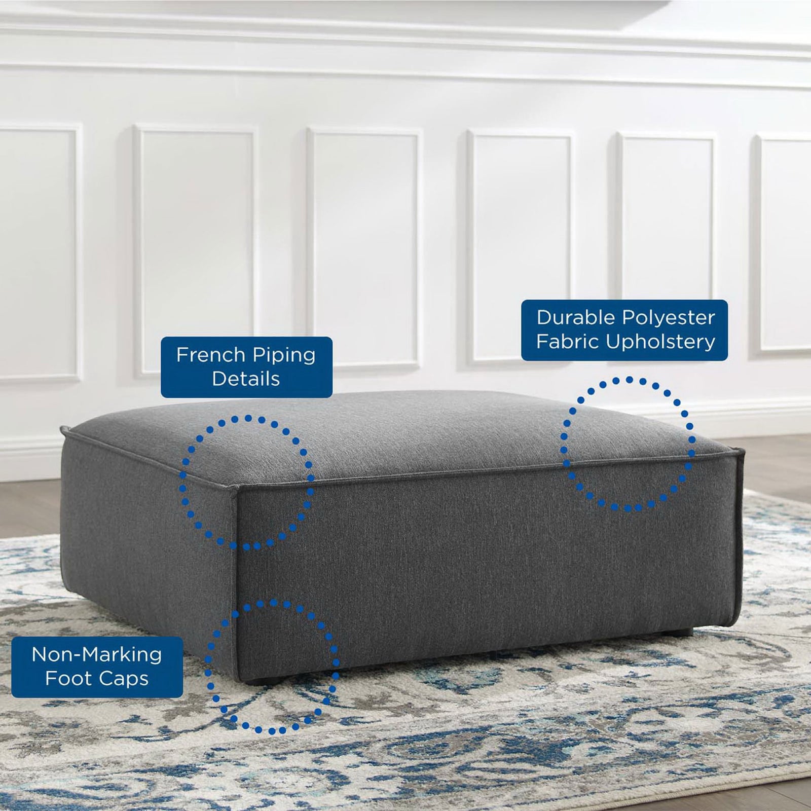 Charcoal ottoman in a classic room highlighting durable fabric, French piping, and non-marking foot caps || EEI-3873-CHA || callout_room
