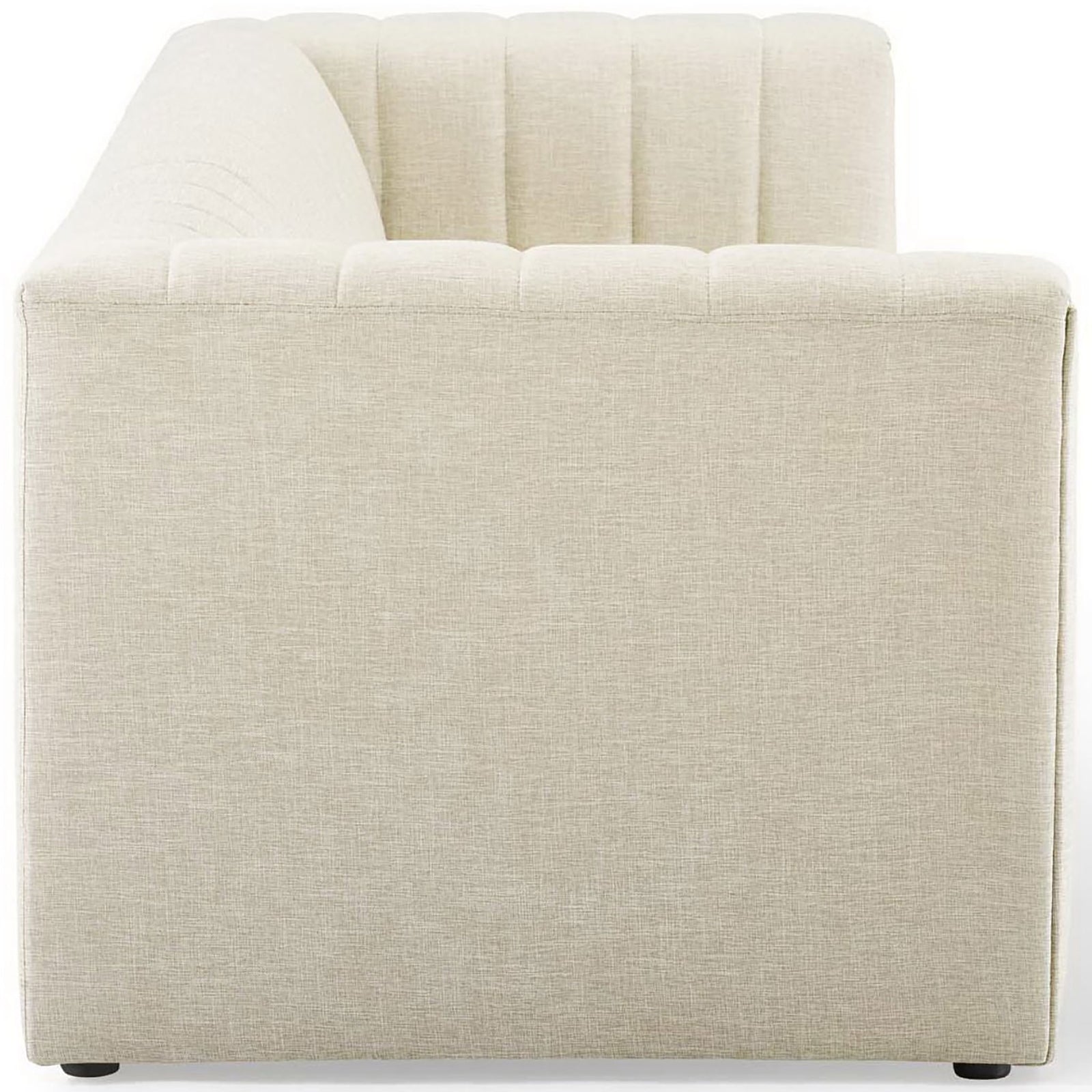 Beige sofa with thick track arm and tailored vertical channel tufting along the seat || EEI-3881-BEI || side_studio