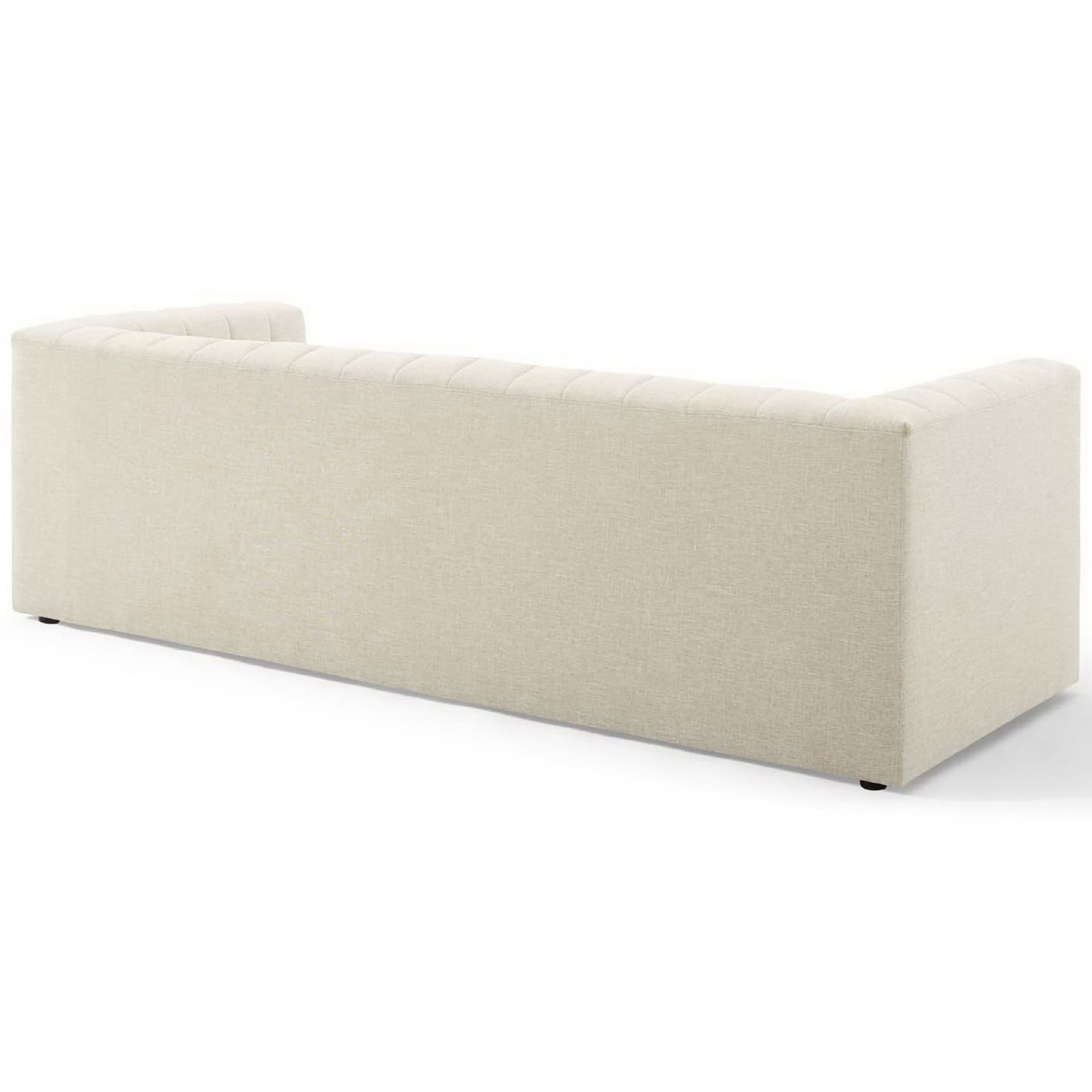 Sleek upholstered back and arms with softly textured beige fabric and subtle channel detailing || EEI-3881-BEI || back_angle_studio