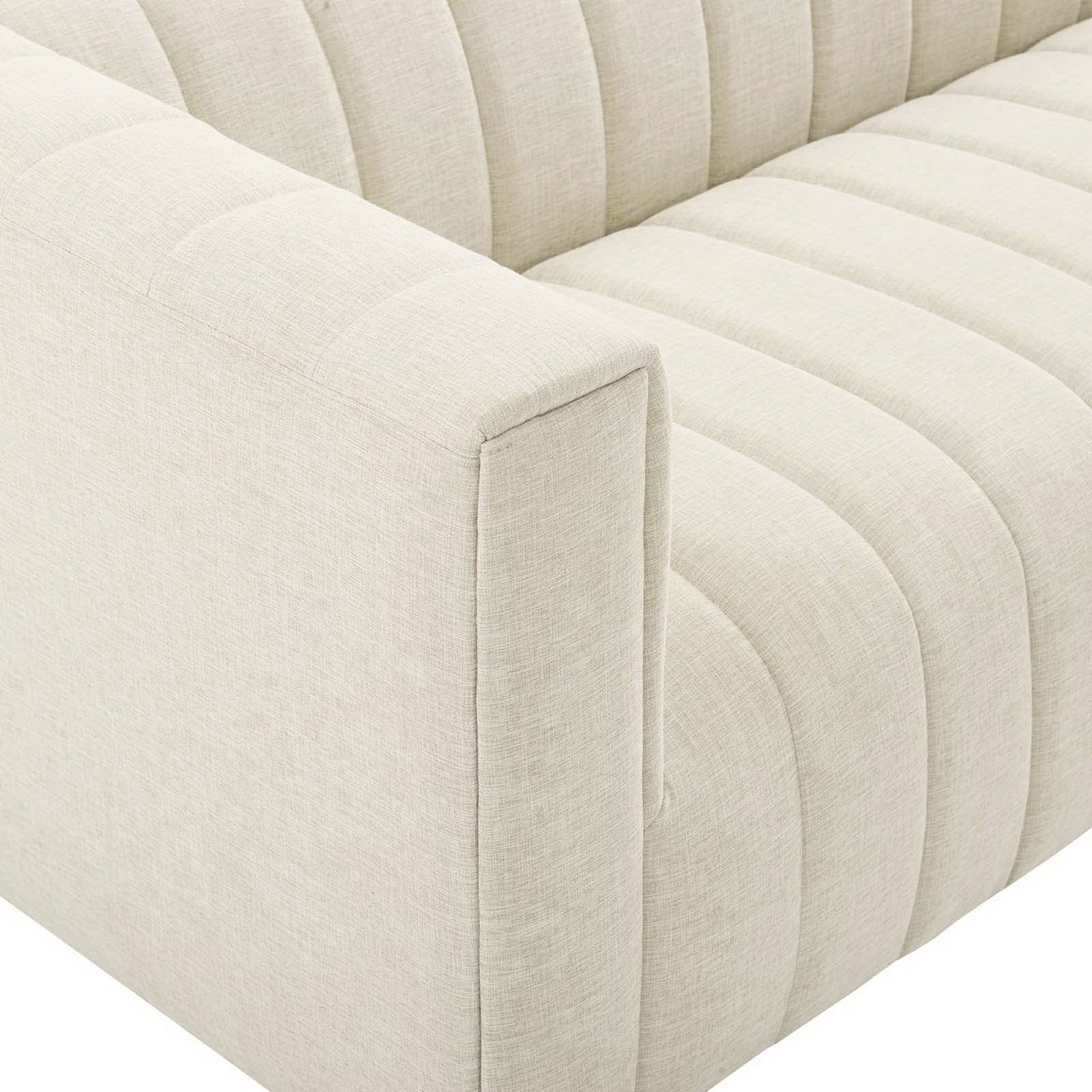 Arm detail showing crisp tailoring and plush channel tufted cushioning || EEI-3881-BEI || detail_studio