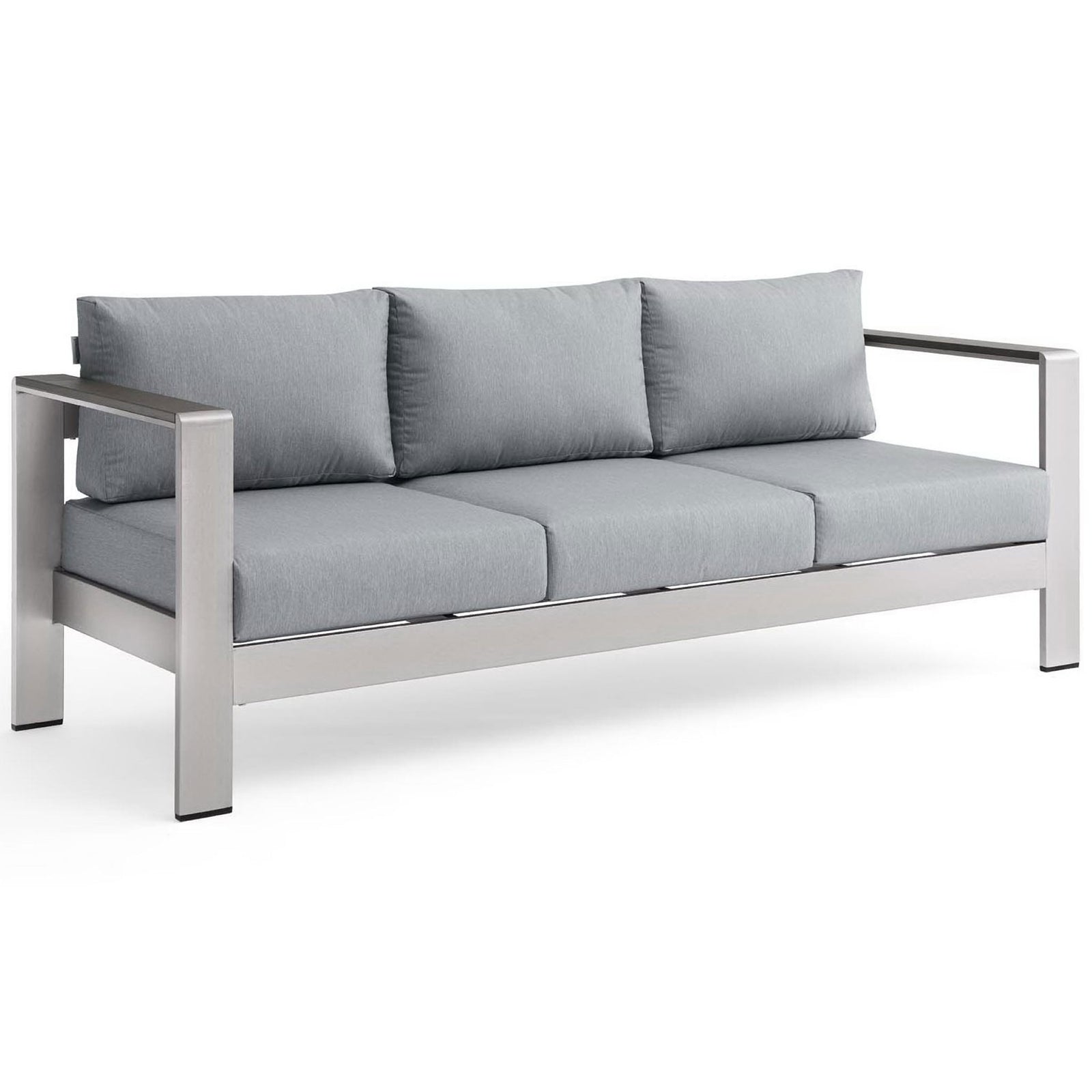 Contemporary patio sofa featuring wide track arms, deep gray cushions, and clean aluminum lines || EEI-3917-SLV-GRY || front_angle_studio