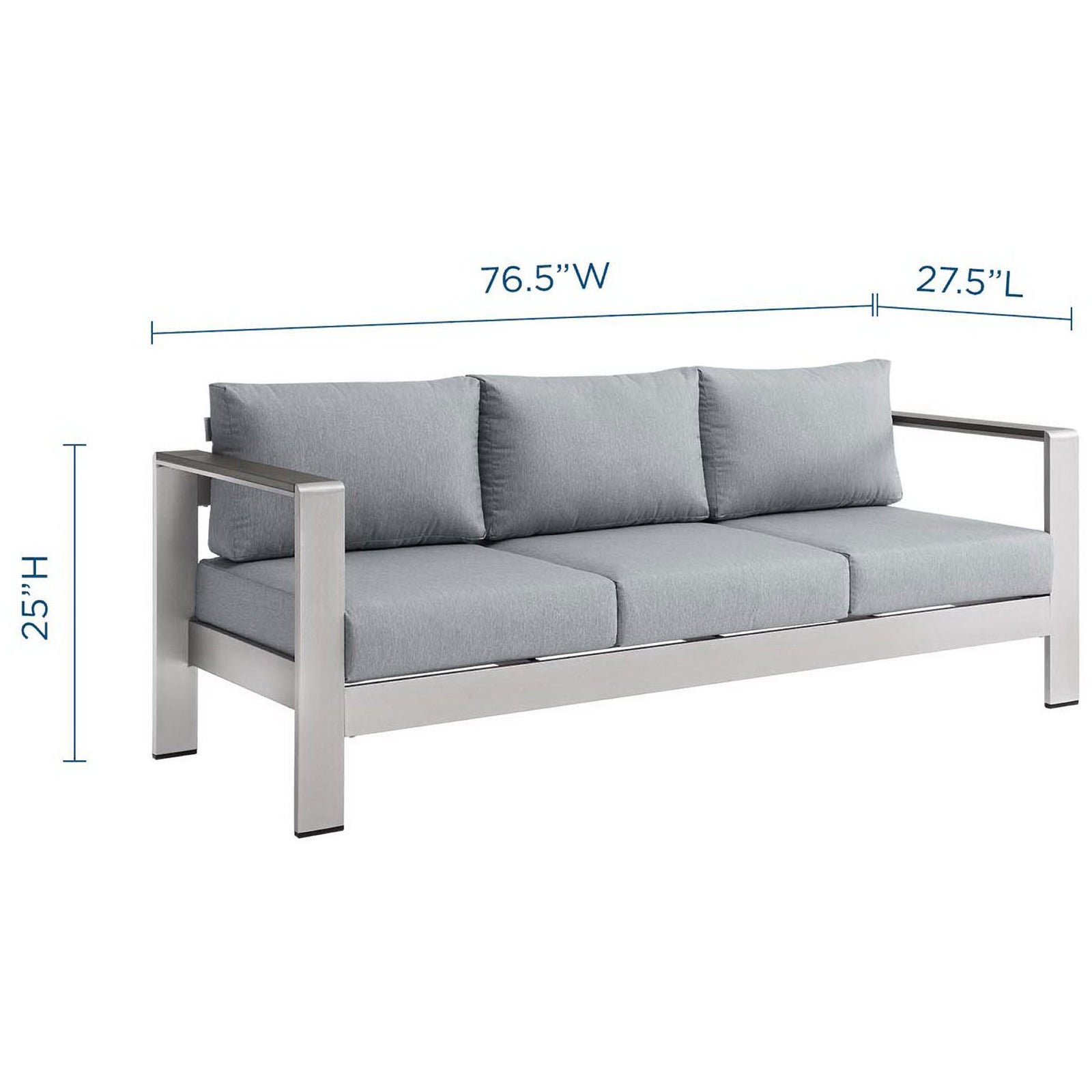 Three-seat Shore sofa offers generous width and depth to comfortably lounge outdoors || EEI-3917-SLV-GRY || dimension_studio