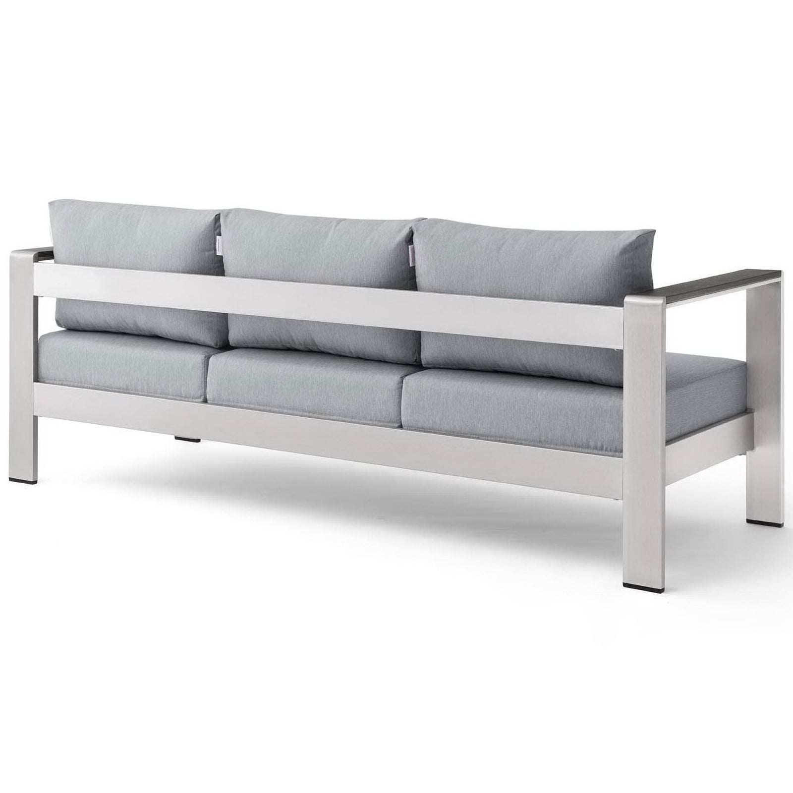 Continuous aluminum back rail supports three neatly tailored gray cushions for modern appeal || EEI-3917-SLV-GRY || back_angle_studio