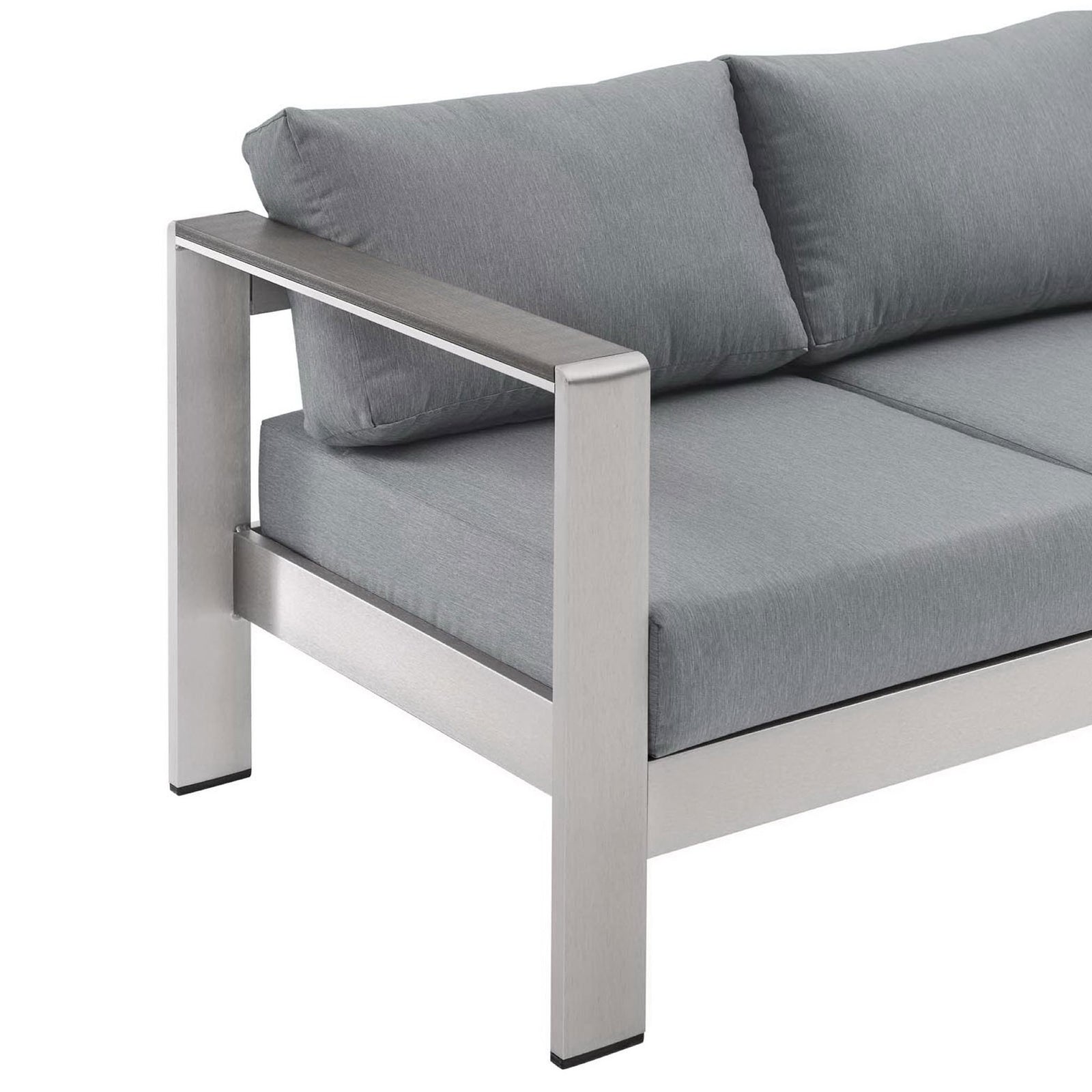 Wide metal armrest pairs with a generously padded gray seat cushion for modern outdoor comfort || EEI-3917-SLV-GRY || detail_studio